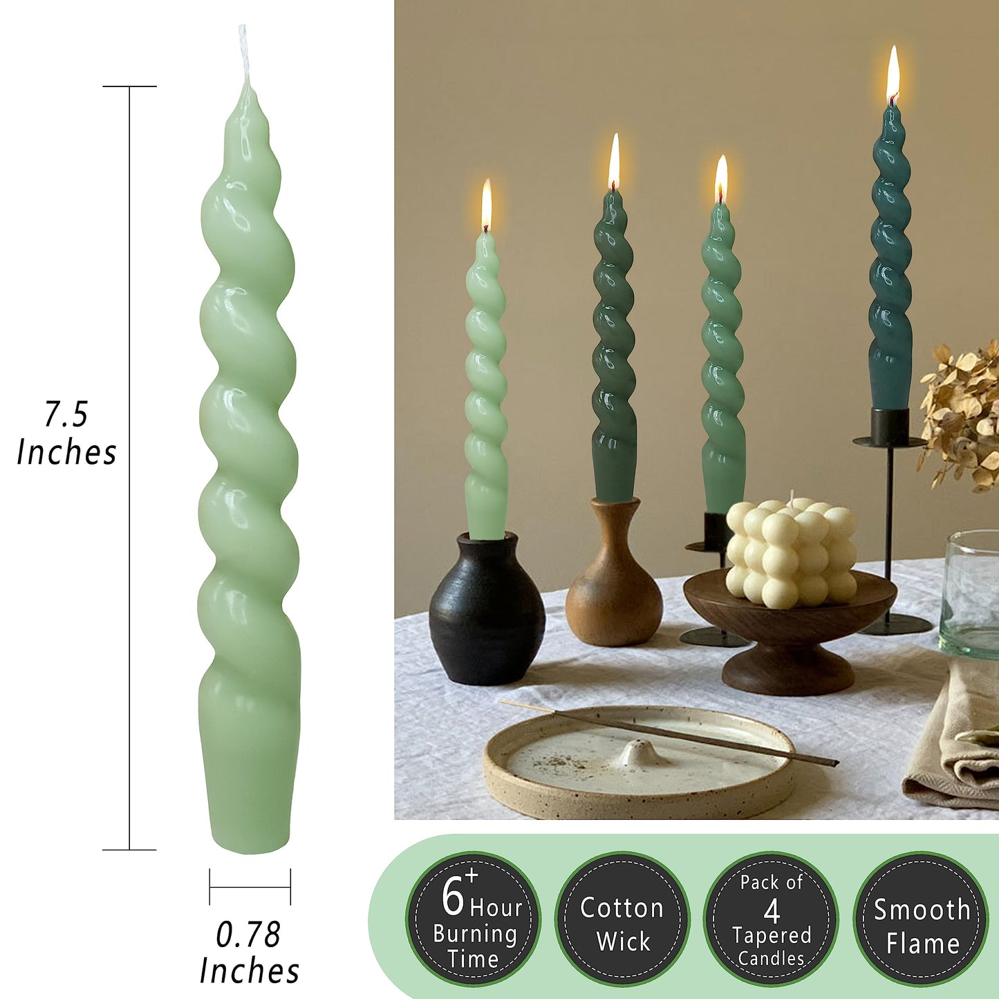 Spiral Taper Candle Twisted Candlesticks Dinner Candles Green Candle Stick Unscented Candles for Home Décor Weddings Festive Seasons Holiday