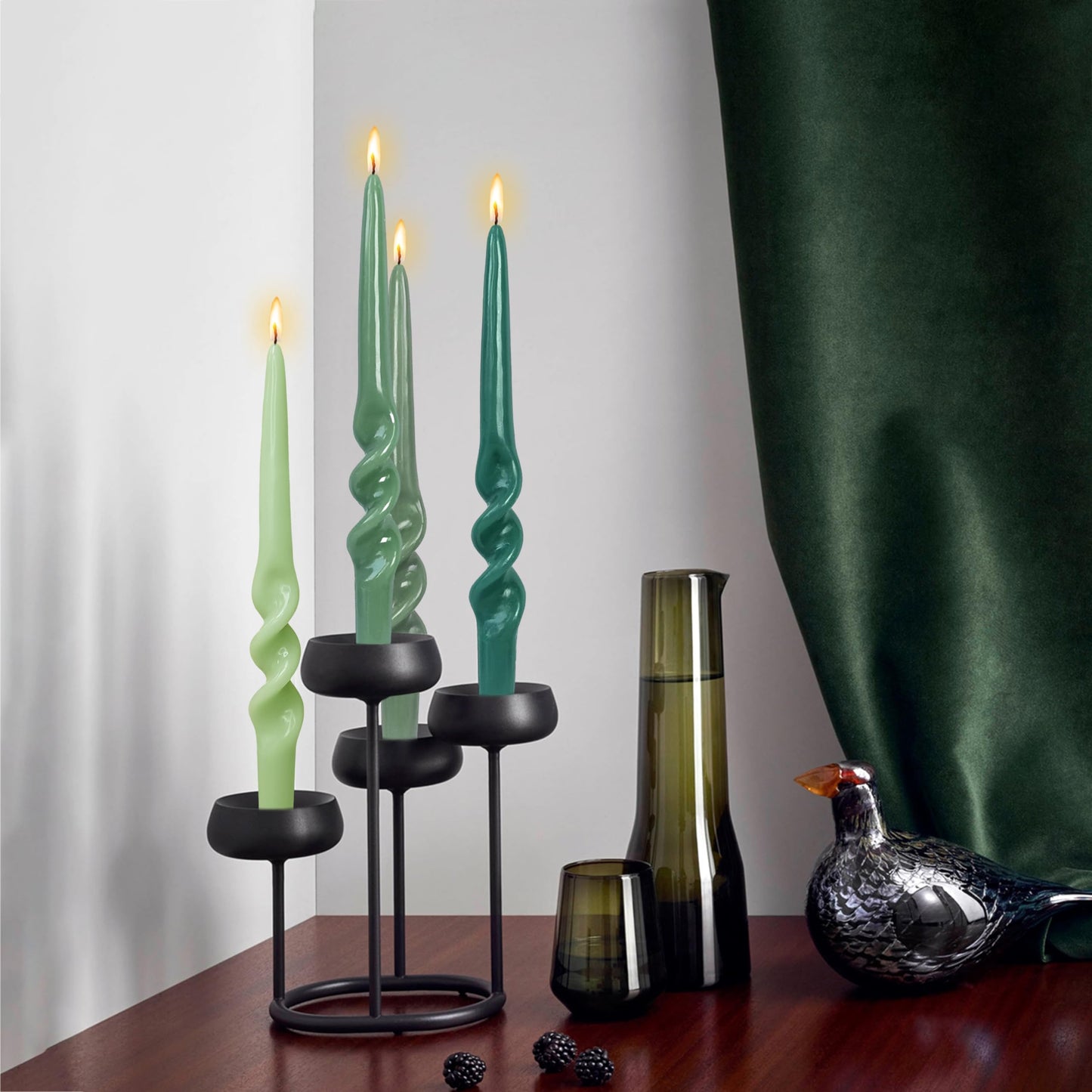FLAMMUL Gradient Green Taper Candles 9.5 Inch Smokeless Spiral Candle Sticks Unscented Handmade Candlesticks for Seasons Home Decor 4 PCS
