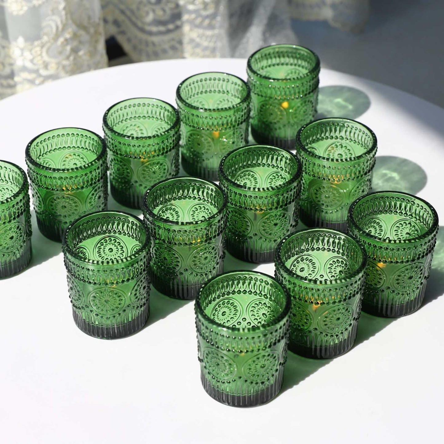 VOHO Green Candle Holder Set of 12, Green Glass Votive Candle Holders for Centerpiece Table Decorations, Votive Candles Holder Bulk for Birthday (2.1'' x 2.6'', W/H)