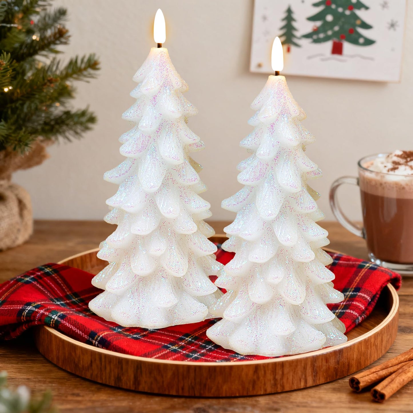 Lumeavetra Glittering Christmas Tree Shaped Flameless Candles, Flickering Real Wax Battery Operated LED Candles with Timer for Holiday Home Party Decorations, Set of 2