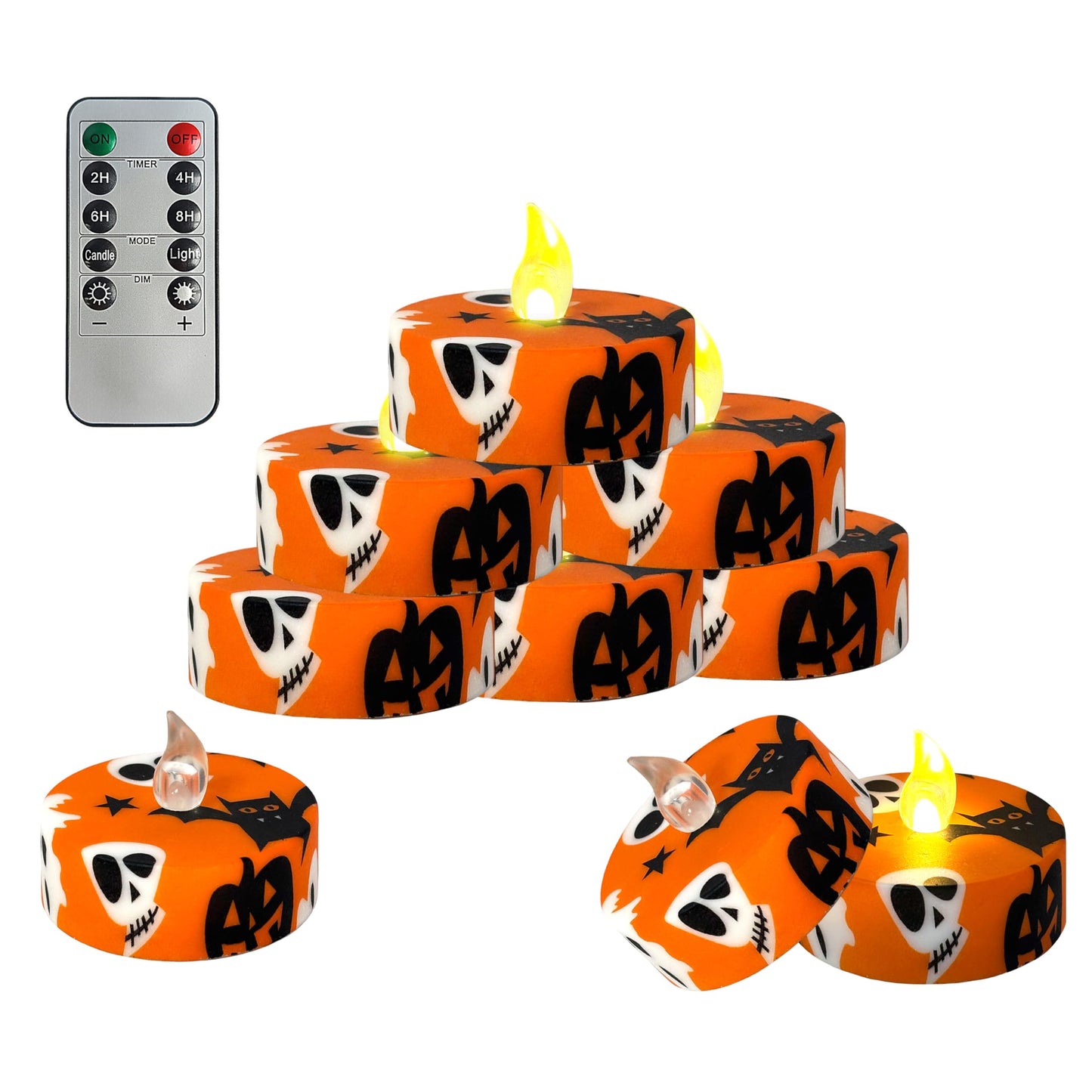 FCMSHAMD Halloween Orange Flameless Tealights Candles with 10-Key Remote Timer Battery Operated, 2.2 Inch Flickering LED Tea Lights Candles for Home Decoration,12 Pack