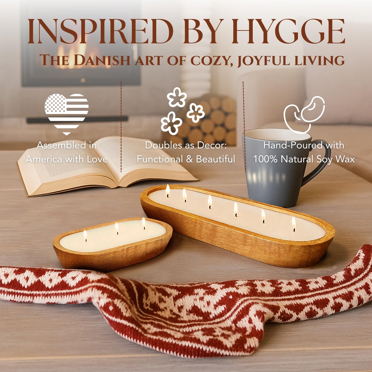 Dough Bowl Candle Co. Mediterranean Fig Soy Candle - 3 Wick Rustic Farmhouse Coffee Table Decor, Odor Eliminator in Wooden Bowls, 20 Ounce Wooden Dough Bowl Candle, All-Natural Gifts for Women or Men