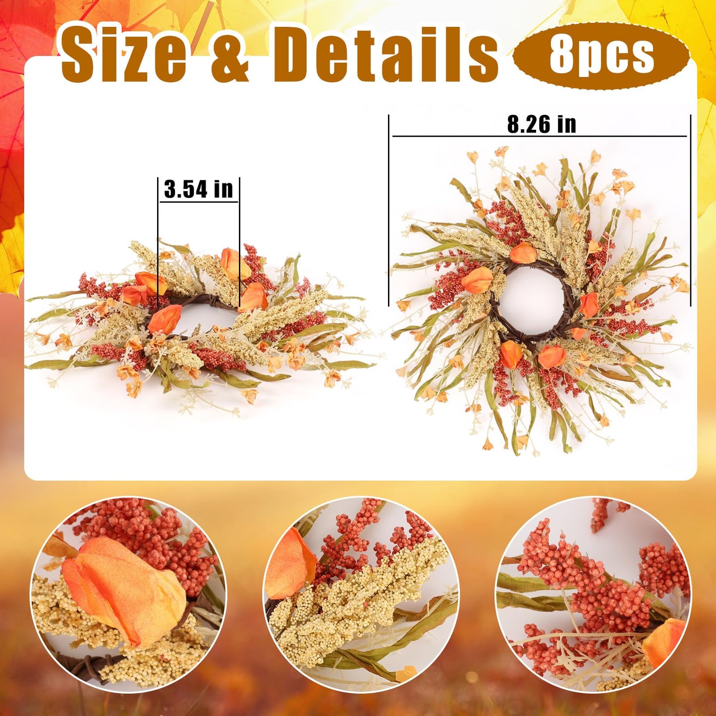 8 Pcs Fall Candle Rings 9 inch Thanksgiving Autumn Wreaths with Flowers for Tables Artificial Farmhouse Candle Rings Wreath for Front Door Porch Wall Window Decorations