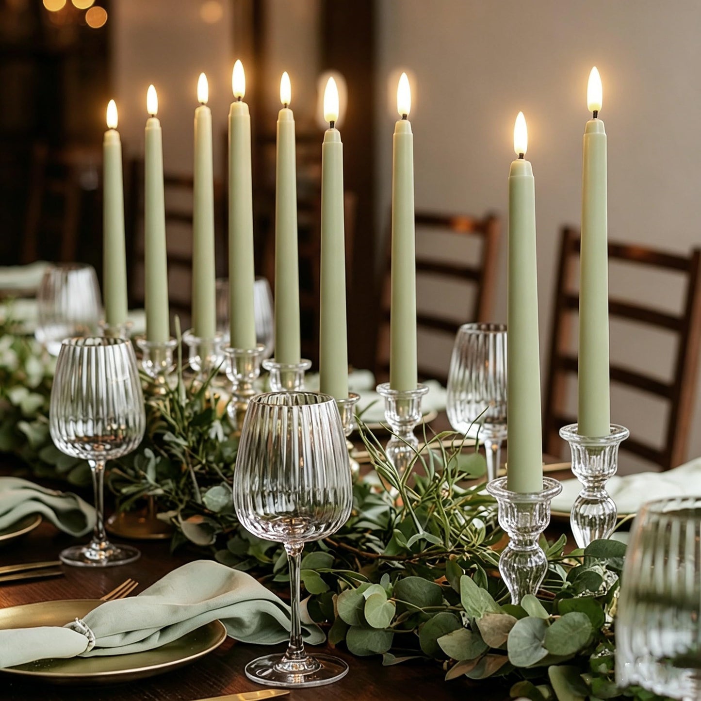 Ni-JASW Sage Green Flameless Taper Candles with Remote, Realistic Flickering Battery LED Candlesticks Home Decor Set of 12