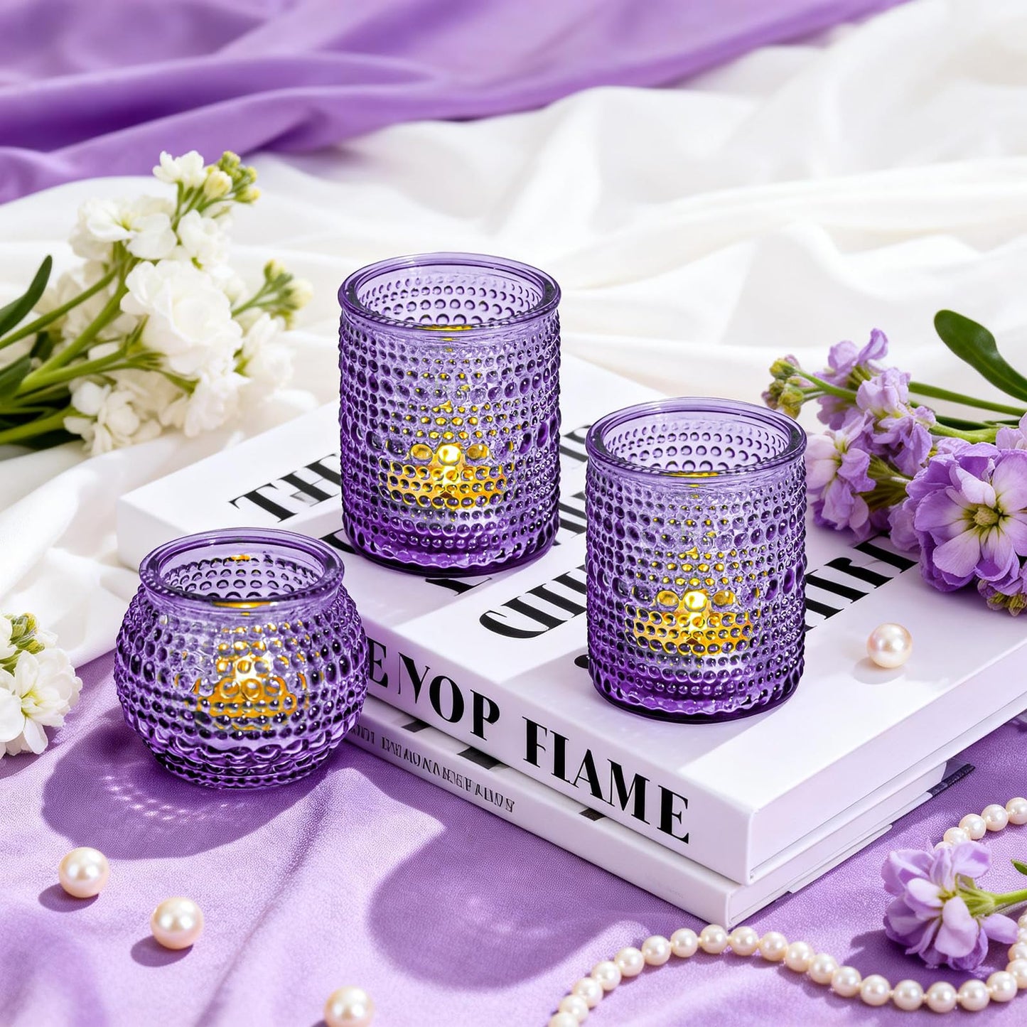 Rubtlamp Purple Votive Candle Holders Set of 24, Glass Candle Holders Bulk for Table Centerpiece, Tea Lights Candle Holder Glass for Wedding Shower, Home Party Decor