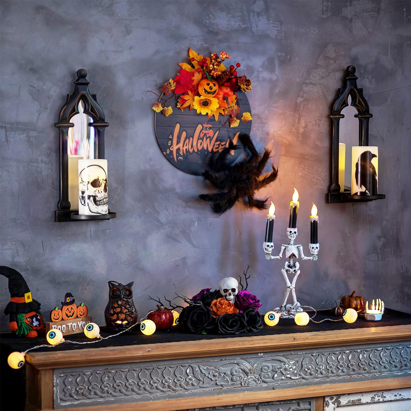 Walasis Black Candle Sconces Gothic Wall Decor - Wood Rustic Farmhouse Wall Candle Holder Set of 2 for Livingroom Fireplace - Black Dark Mirror Candle Sconces for Halloween Art Decorations