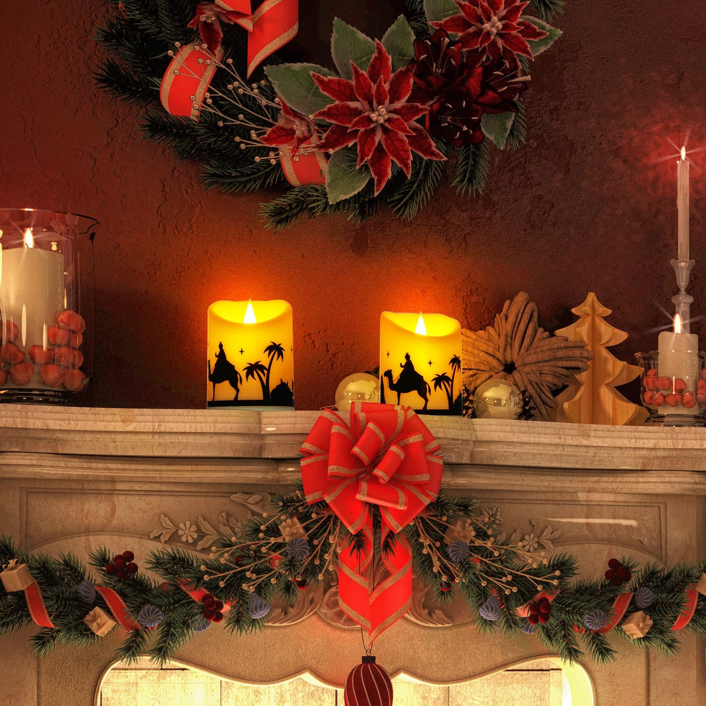 Treela 2 Pieces Christmas Flameless LED Candles with 8h Timer, Battery Operated Plastic Pillar Rustic Candles Warm Light with Decals for Adventure Table Home Decor, D3 x H6 (Nativity)