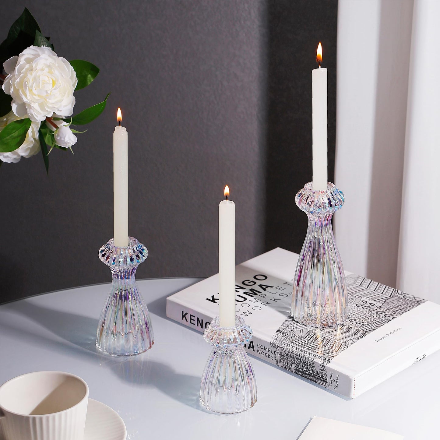 Lysenn Glass Candle Stick Holder Set of 3 – Premium Taper Candle Holders for Romantic Ambiance - Candle Sticks Holder Decor for Special Occasions - Iridescent