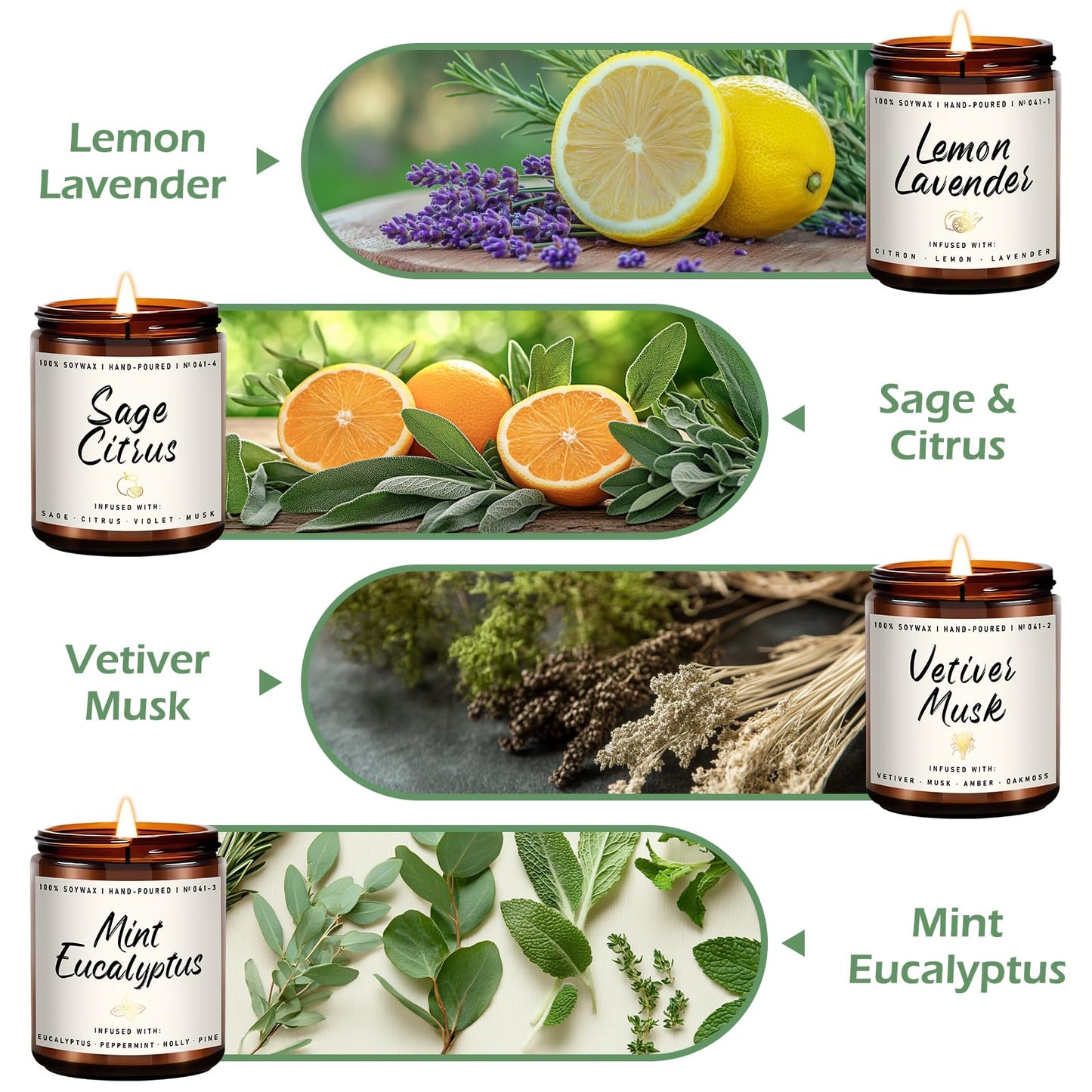 Scented Candles Set | Scented Candle for Home - 4 Pack Candle Gifts, Soy Candles for Home - Aromatherapy Gift of Mint Eucalyptus/Lemon Lavender/Sage Citrus/Vetiver Musk