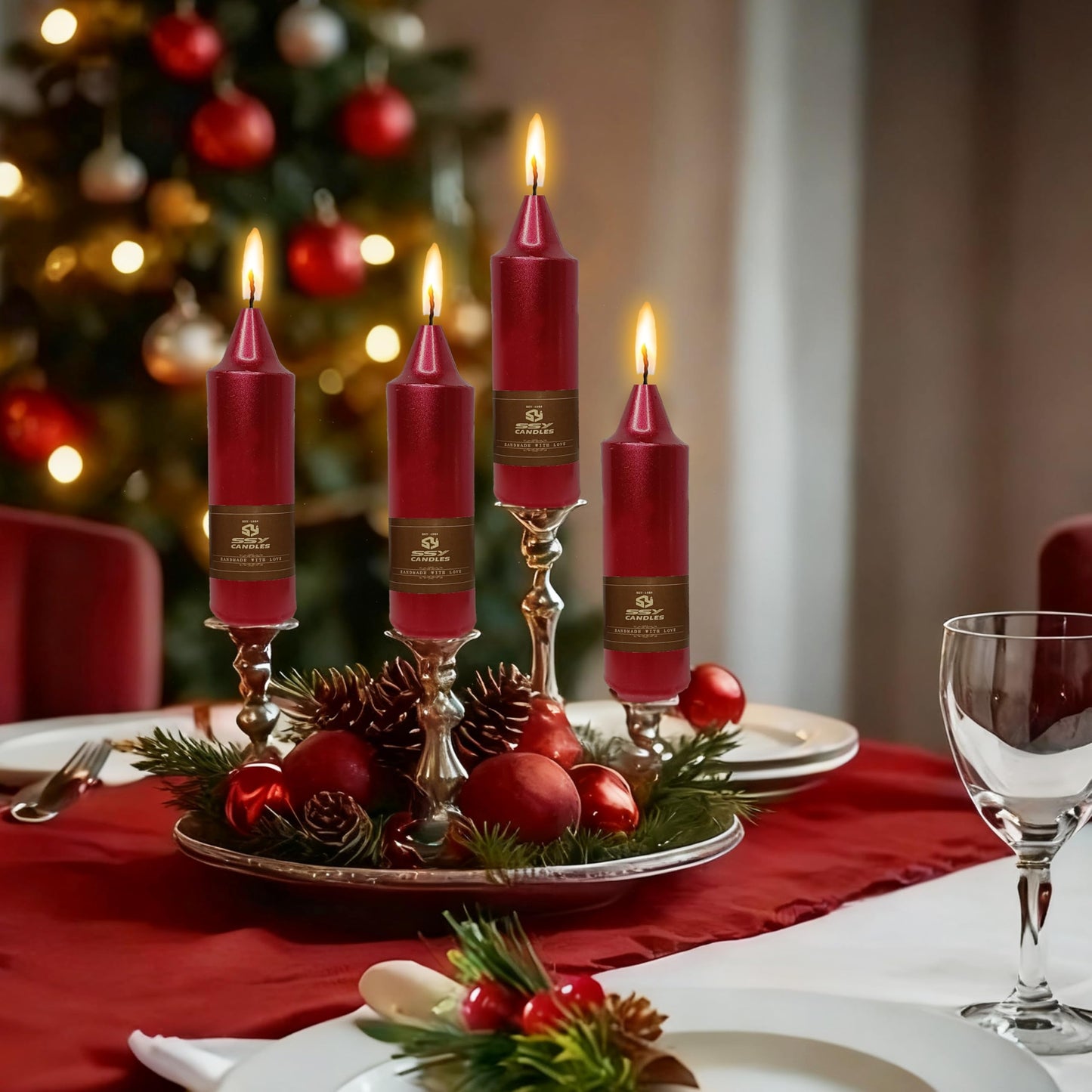 Christmas Metallic Red Candle 5 Inch Short Smokeless Taper Candles 4 Pack Unscented Dinner Candle for Christmas Dinner