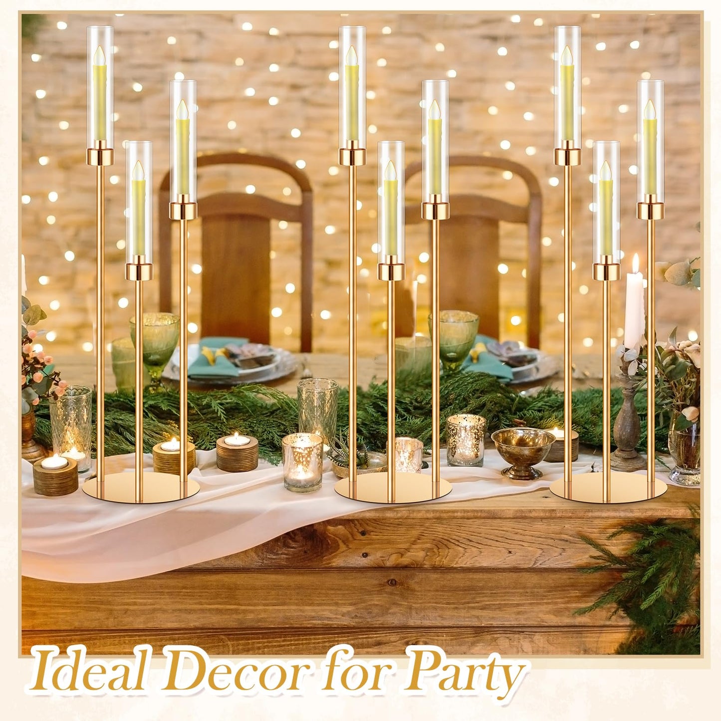 Suclain 10 Set 3 Arm Candelabra Centerpiece 33.8 Inch Candle Holder Gold Candelabra Metal Floor Pillar Candlesticks for Tables Wedding Home Party Decoration