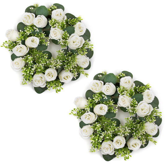 NUPTIO Flower Candle Rings for Centerpieces: 13.4 Inch Artificial Rose Wreath for Wedding Party Christmas Decorations - White Wreaths for Spring Summer Front Door Porch Table Decor 2 Pcs