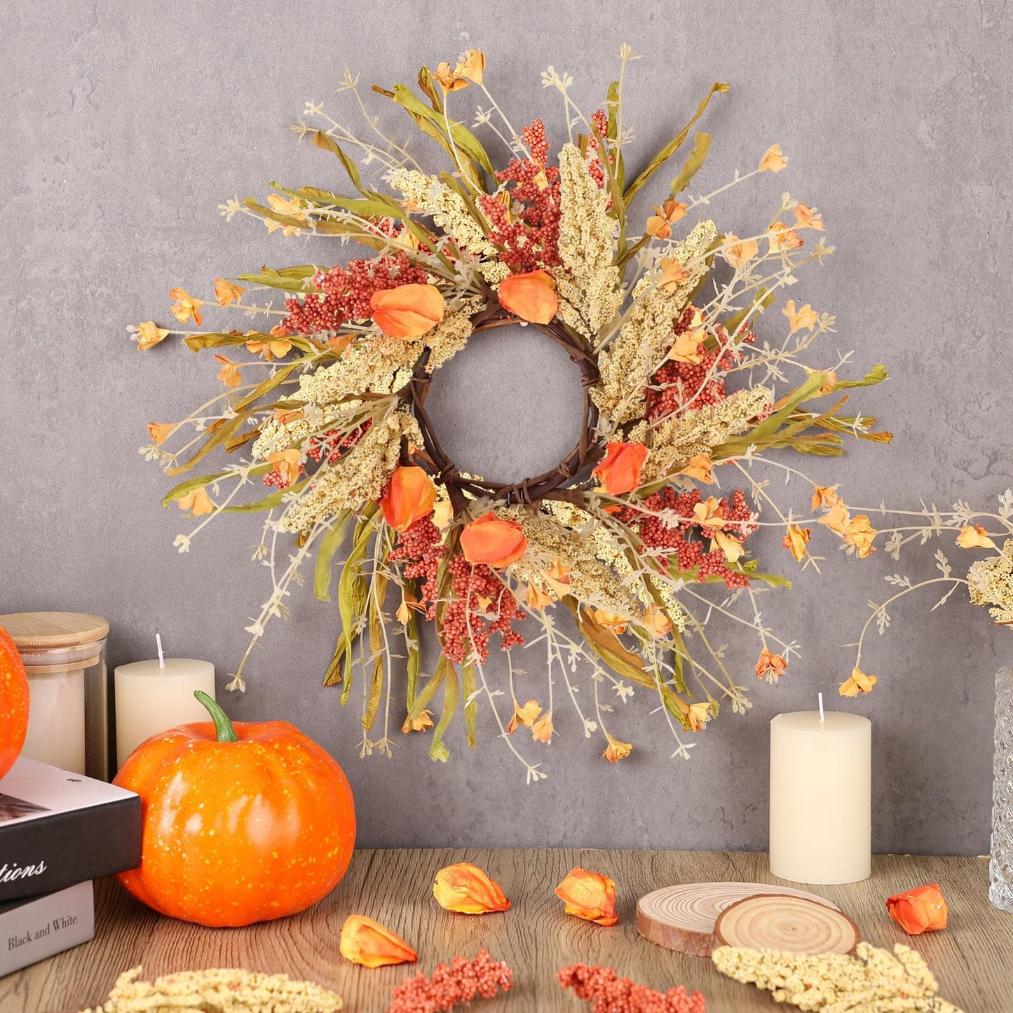 6 Pcs Fall Candle Rings 9 inch Thanksgiving Autumn Wreaths with Flowers for Tables Artificial Farmhouse Candle Rings Wreath for Front Door Porch Wall Window Decorations