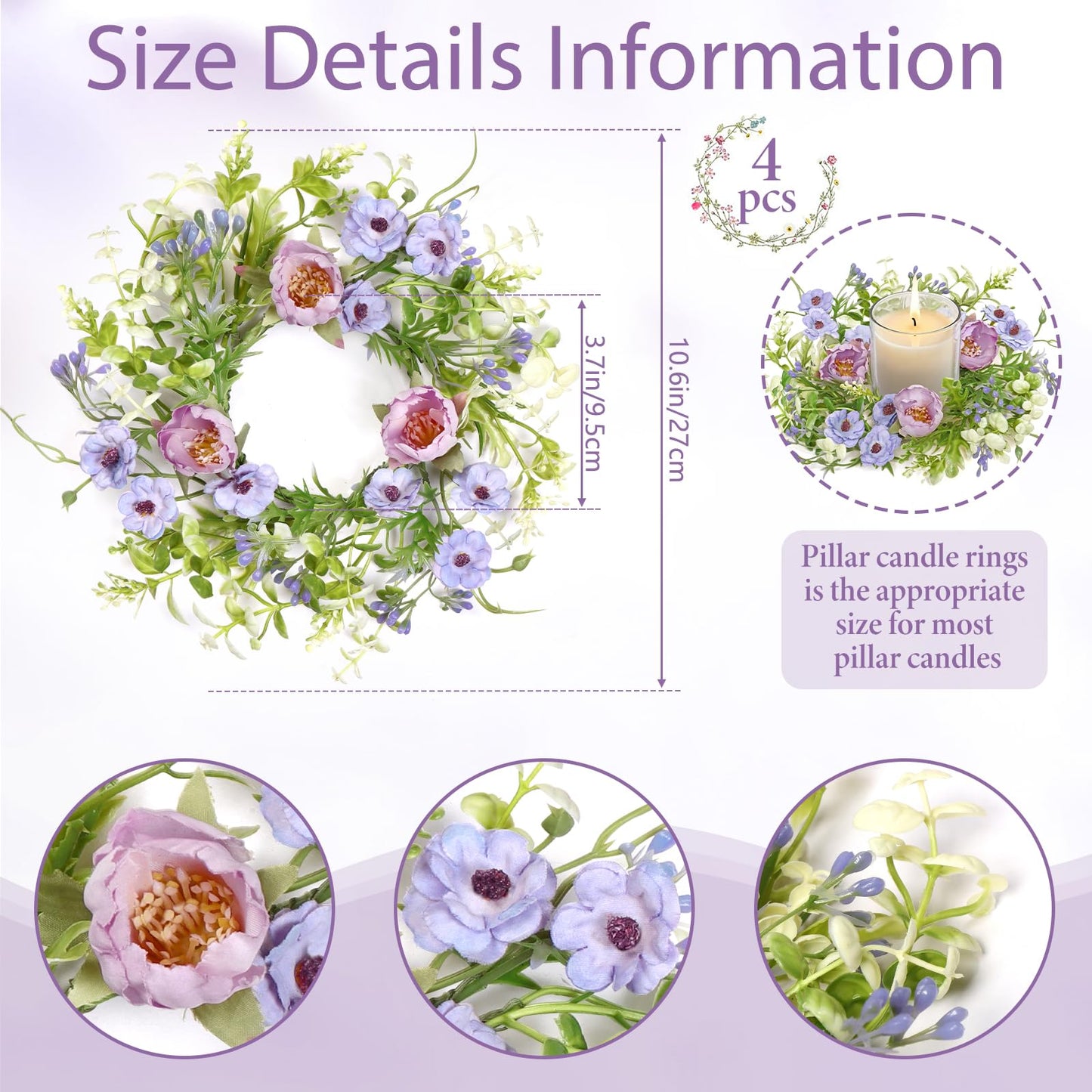 KHOYIME Floral Candle Rings Wreath 4PCS Small Spring Summer Purple Artificial Flowers Greenery Wreaths for Pillars, Mini Candle Holder Kitchen Cabinets Table Centerpieces Wedding Party Farmhouse Decor