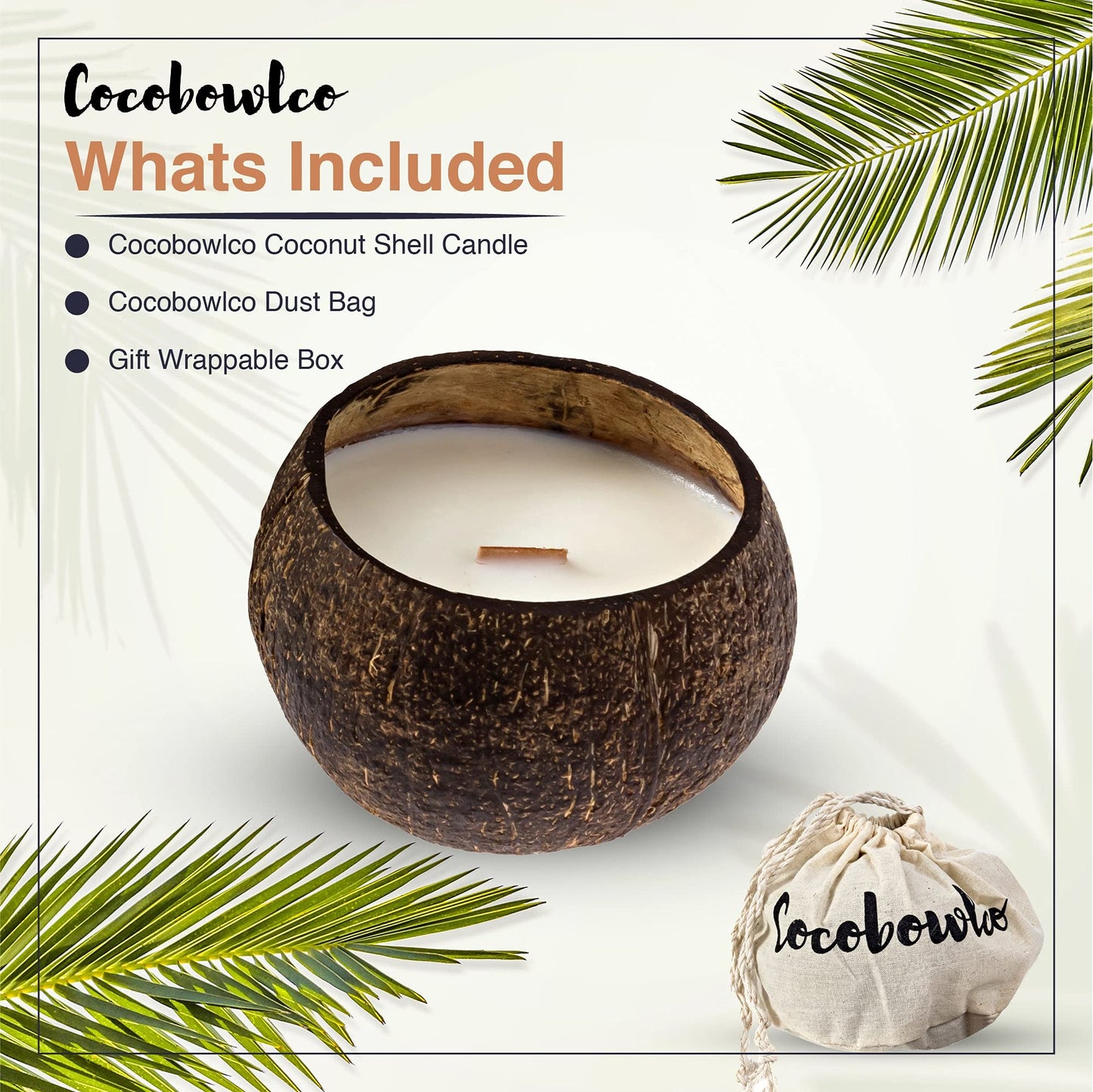 Cocobowlco Soy Coconut Candle - Vanilla Scent, Wood Wick, Real Coconut Shell, Eco-Friendly, 45+ Hours Burn Time