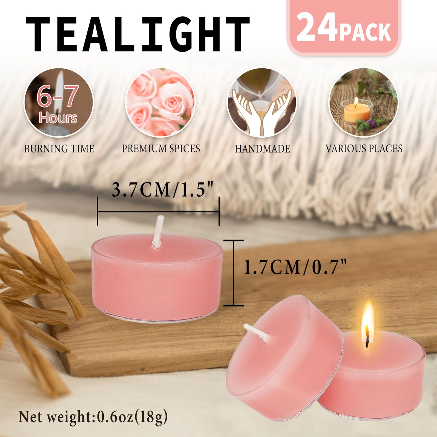 FCMSHAMD Rose Scented Tealight Candles, 24 Pack Pink Tea Lights, 6 Hour Burn Time, Modern Floral Theme, Dripless & Smokeless