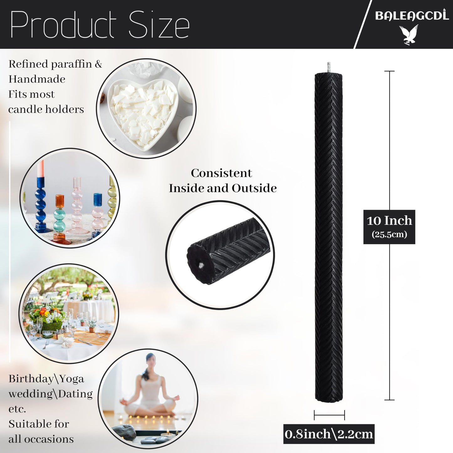 Handmade Texture Taper Candle Black Unscented Twisted Candlesticks 10 Inch Smokeless Long Candle Stick for Gifts Holiday Wedding Dinner Decor 2 PCS