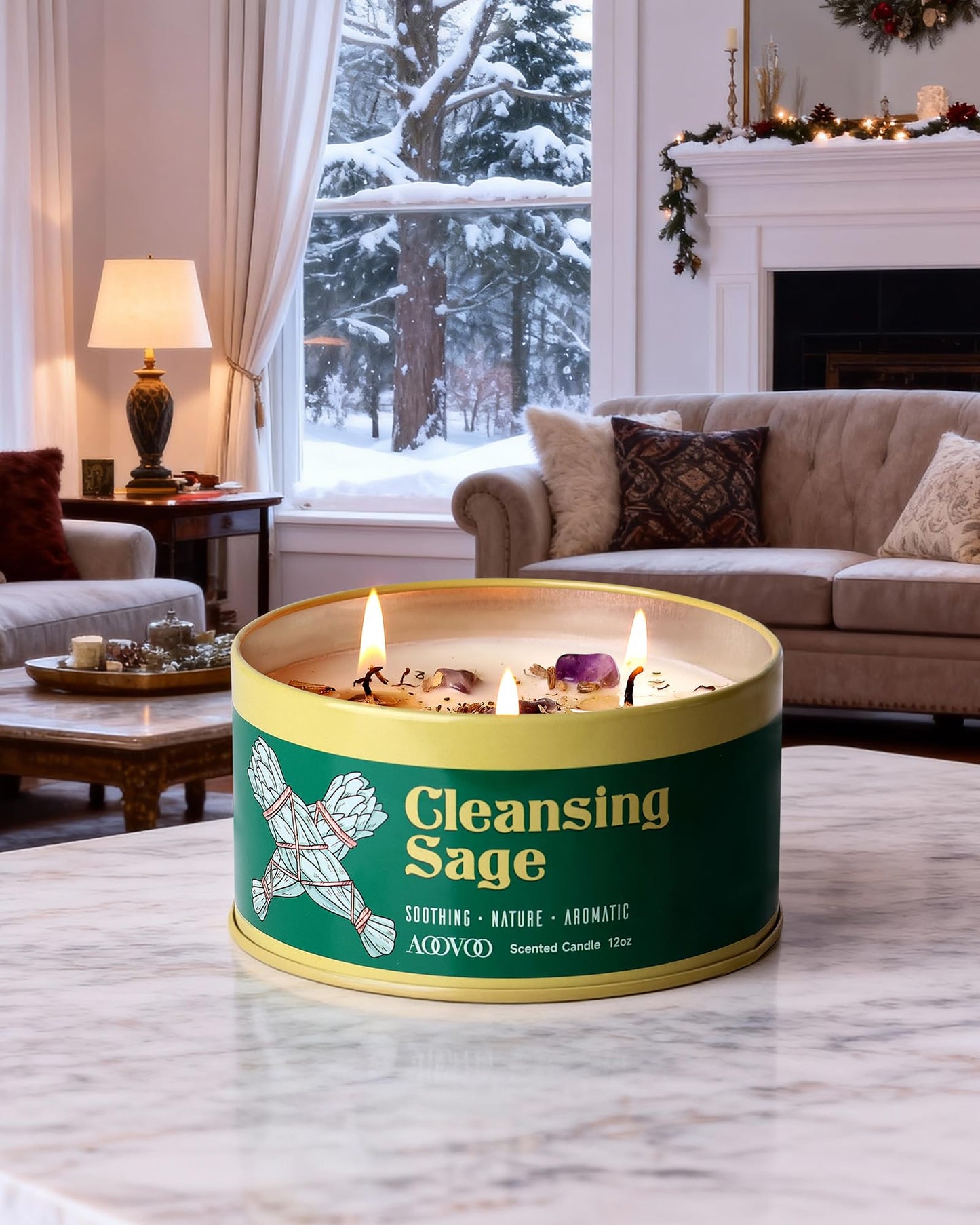 AOOVOO Sage Candle for Cleansing - 3 Wick 12oz Large Scented Candle with Crystals & Sage Leaves Inside, Soy Candles Non Toxic for Meditation Spiritual Gift, Aromatherapy Candle for Women Men