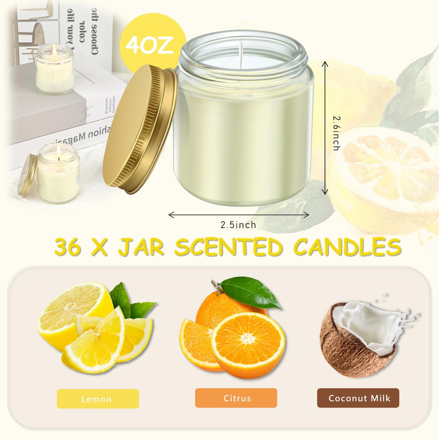 ACITHGL 36 Pcs 4oz Mini Mason Jar Candles Small Scented Candles Bulk Aromatherapy Ideal Souvenir Favors for Wedding Birthday Party (Lemon, Citrus, Coconut Milk, Gold)