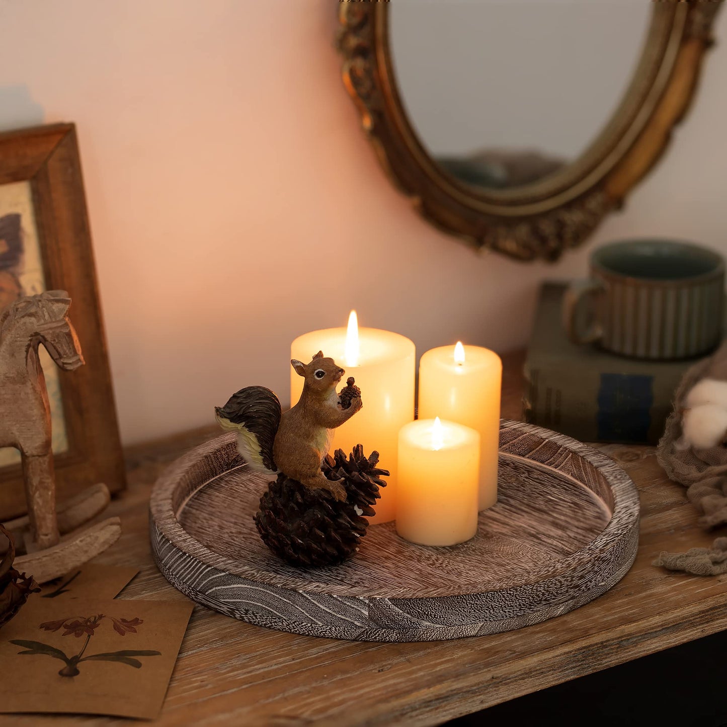 Hanobe Wood Candle Holders Trays: Round Candlestick Holder Pillar Stand for Table Centerpiece - Farmhouse Coffee Table Decor for Living Room Kitchen Counter, Rustic White