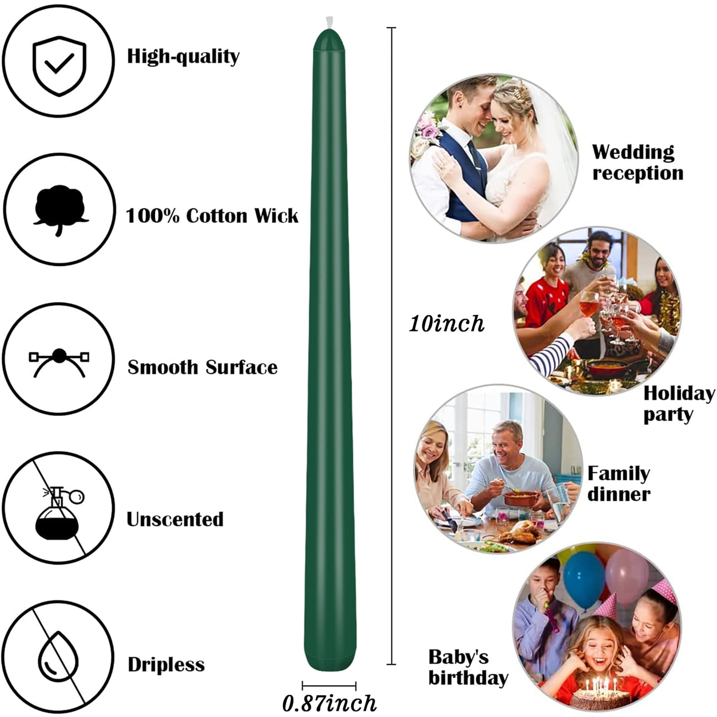 8 Pack 10 Inch Green Smooth Taper Candle Set, 7/8 Inch Unscented Driples Candlesticks for Home Decoration, 6-7 Hours Burn