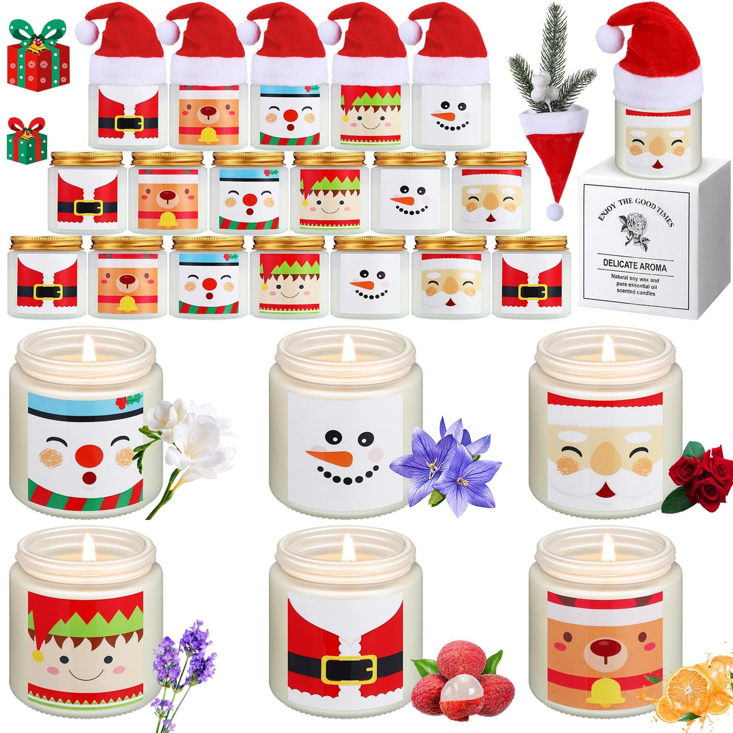 Conelist 48 Pack Christmas Scented Candles Jar Set Include 24 Pcs 7oz Soy Wax Aromatherapy Candles and 24 Pcs Mini Santa Hat Holiday Party Favor Gift Bulk for Women Men Adult Coworker