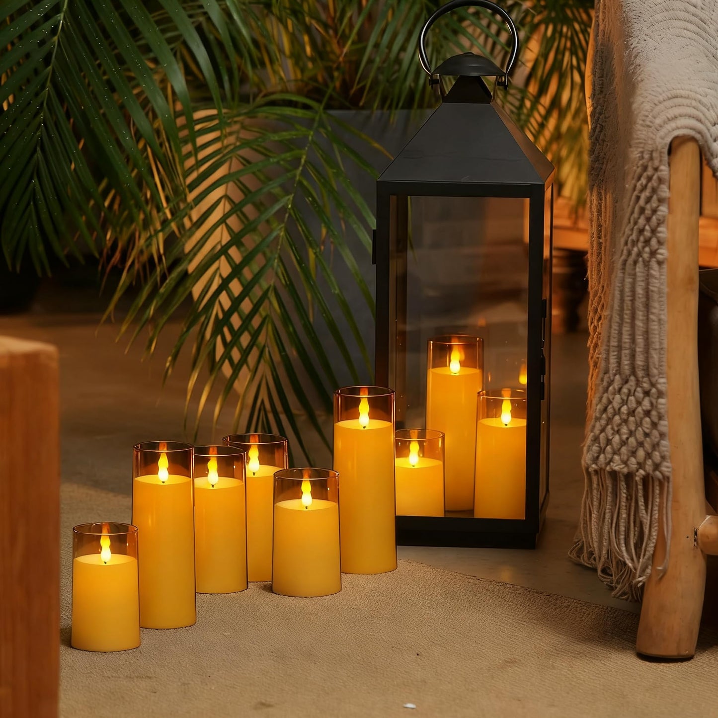 Homemory Amber Flickering Flameless Candles, Battery Operated Acrylic LED Pillar Candles with Remote Control and Timer, Fall Candles, Set of 9