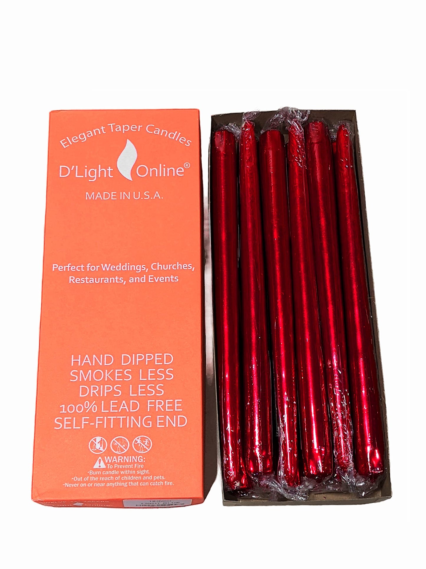 D'light Online Elegant 12" Unscented Metallic Red Taper Candles, Premium Quality Hand-Dipped Tapered Candles, Dripless and Smokeless - Set of 12 (12 Inch, Metallic Red)