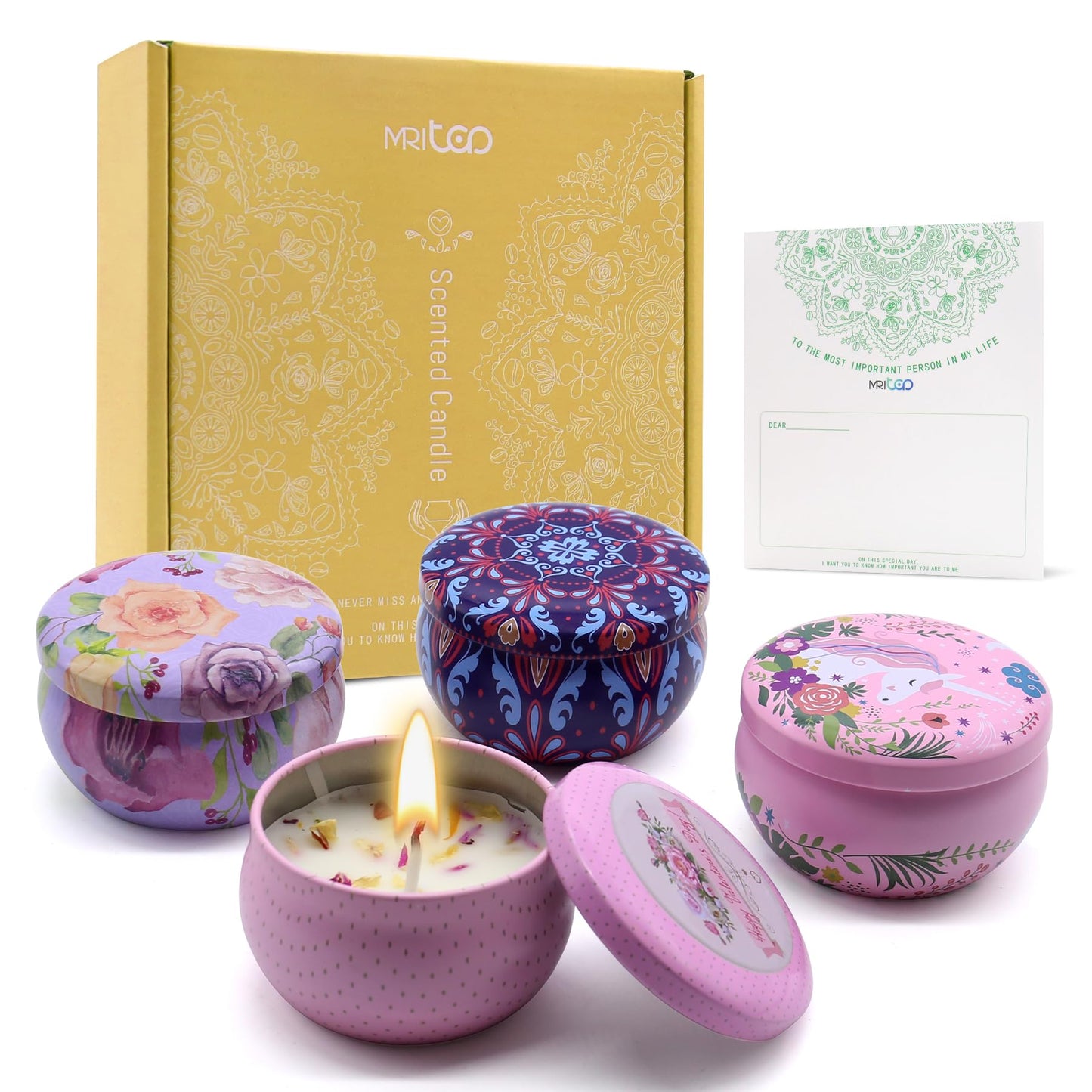 Scented Candles Gift Set for Women 4 Pack Soy Wax Candles with Dried Flowers Reusable Tin Aromatherapy Relaxation Gift for Birthday Mothers Day Valentines Day