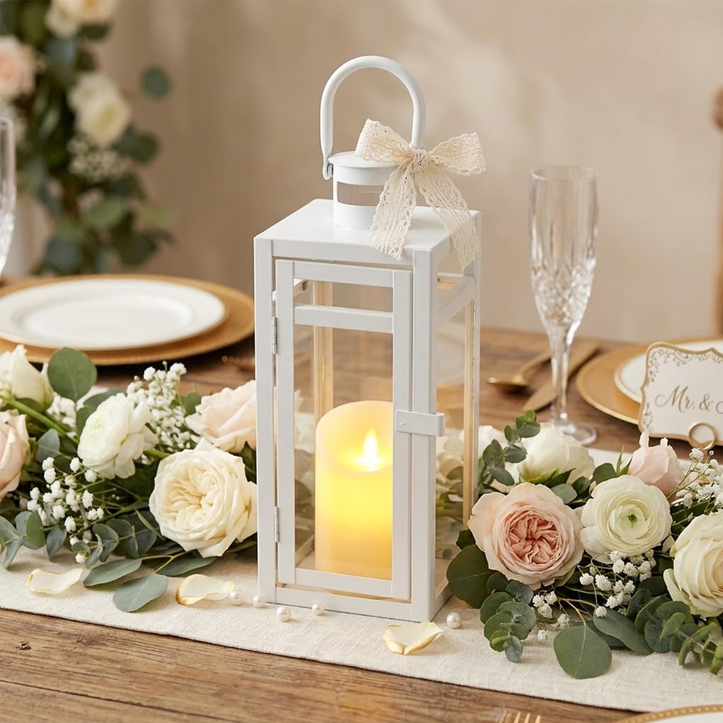 TRIROCKS Decorative Candle Lantern 12'' High Metal Candle Holder with Tempered Glass Perfect for Home Decor Living Room Parties Events Tabletop Indoor Outdoor (White)