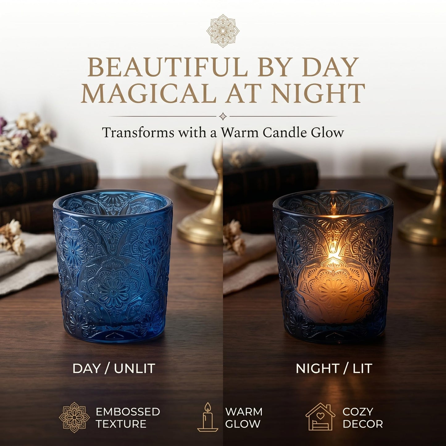 12 Pack Mandala Embossed Glass Candle Holders – Votive Tealight Holders with Patent Design, Decorative Embossed Glass Cups for Wedding Centerpieces, Parties, and Home Décor (Ocean Blue)