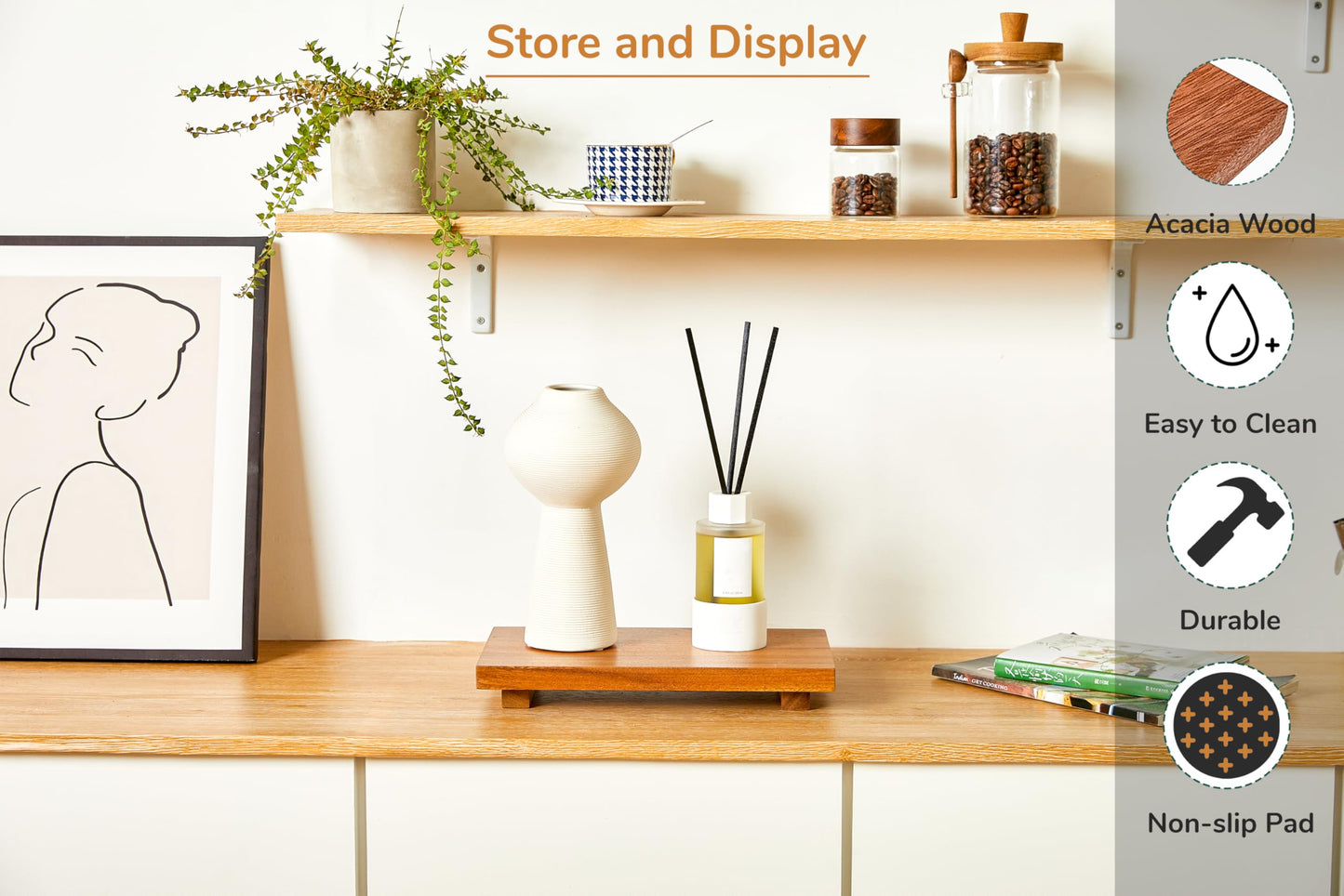 Medium 12" Acacia Wood Riser Pedestal Stand – Farmhouse Wood Display Riser for Kitchen and Bathroom Décor - Counter Display, Plant Stand, Jewelry Holder, Vanity Tray, Candle Stand (M:12"x7"x1.57")
