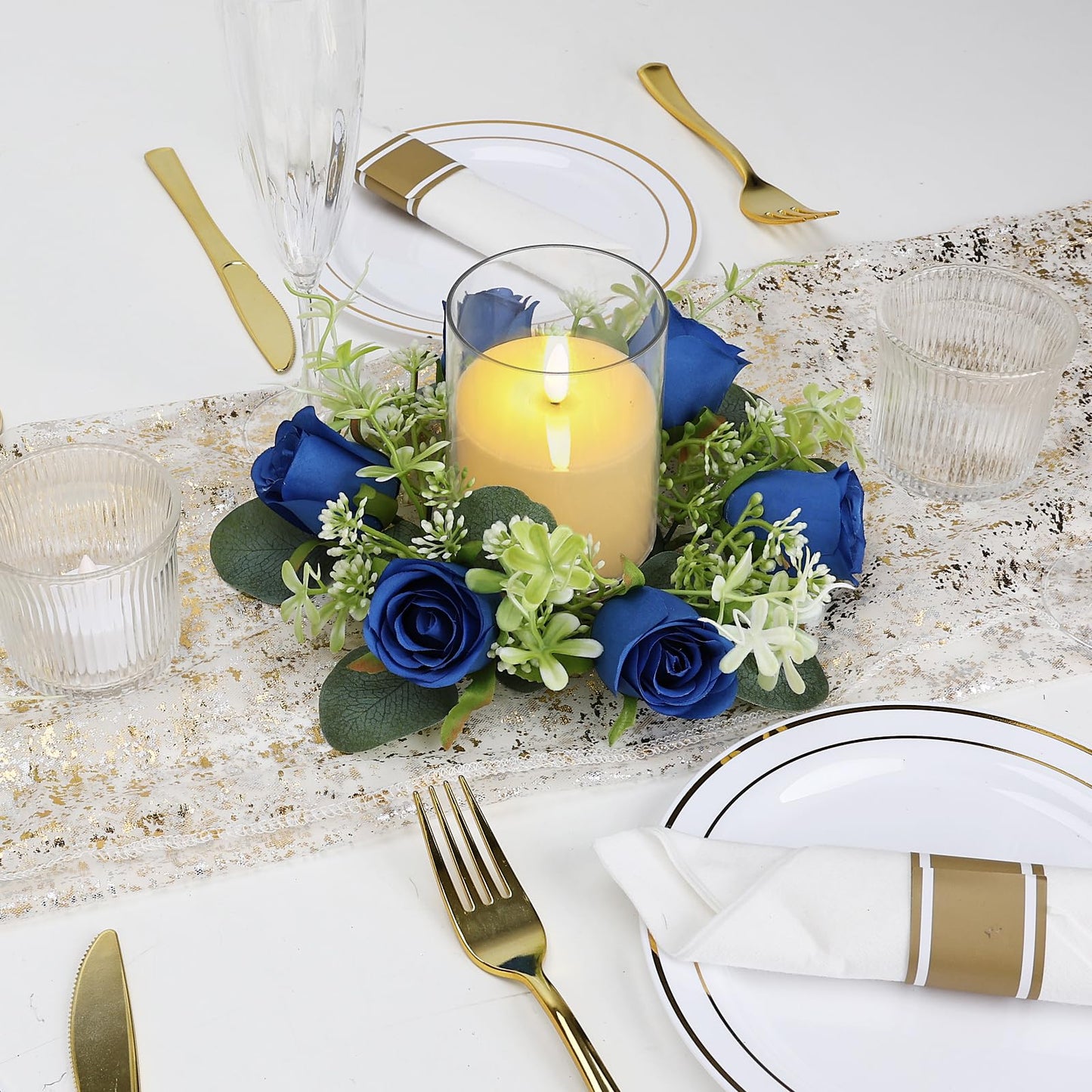 Tobilu 6 Sets Artificial Roses Candle Rings - Roses Floral Rings Wreaths with LED Candles Eucalyptus for Centerpieces Table Cabinets Front Doors Wedding Home Party Decor - Royal Blue