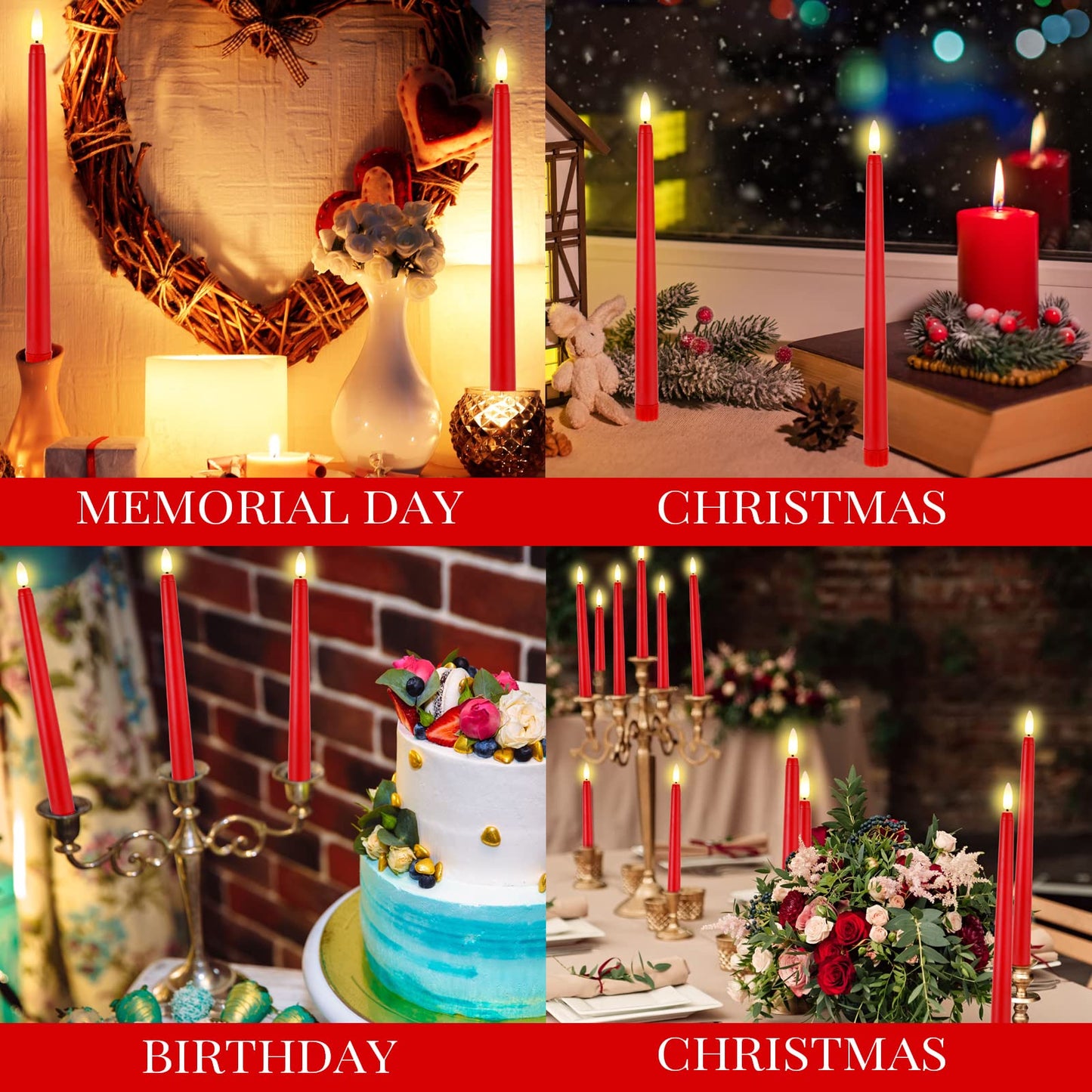 Macarrie 24 Packs Flameless Taper Candles Battery Operated Fake 11 Inch Long Candlelight LED Flameless Candlesticks Flickering Tapered for Spring Summer Wedding(Red)