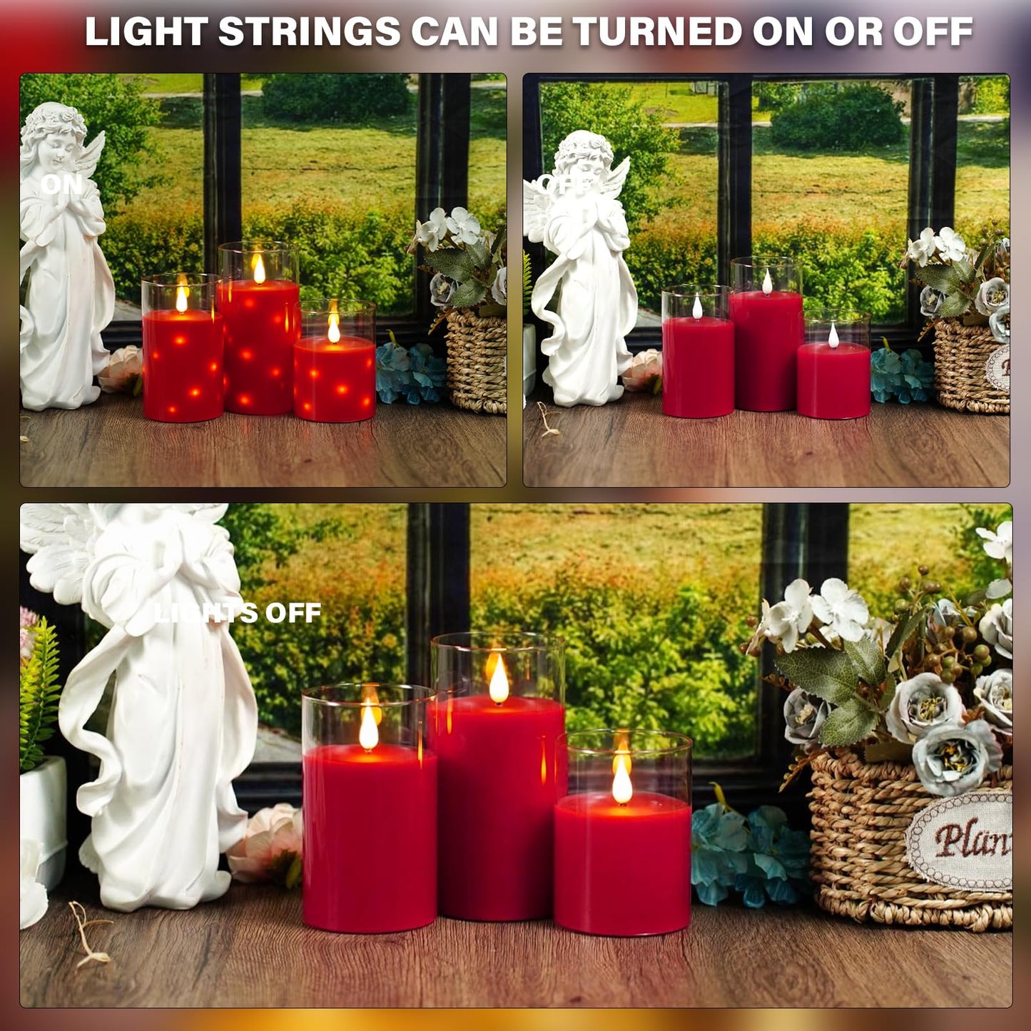 Nimiko Real Wax Flameless Candles Glass,Battery Operated LED Candles with Flickering Flame,Glass Shell,Interior Star Light Decoration Set of 3 Red (D3×H 4" 5" 6") for Home Decor,Holiday Decoration