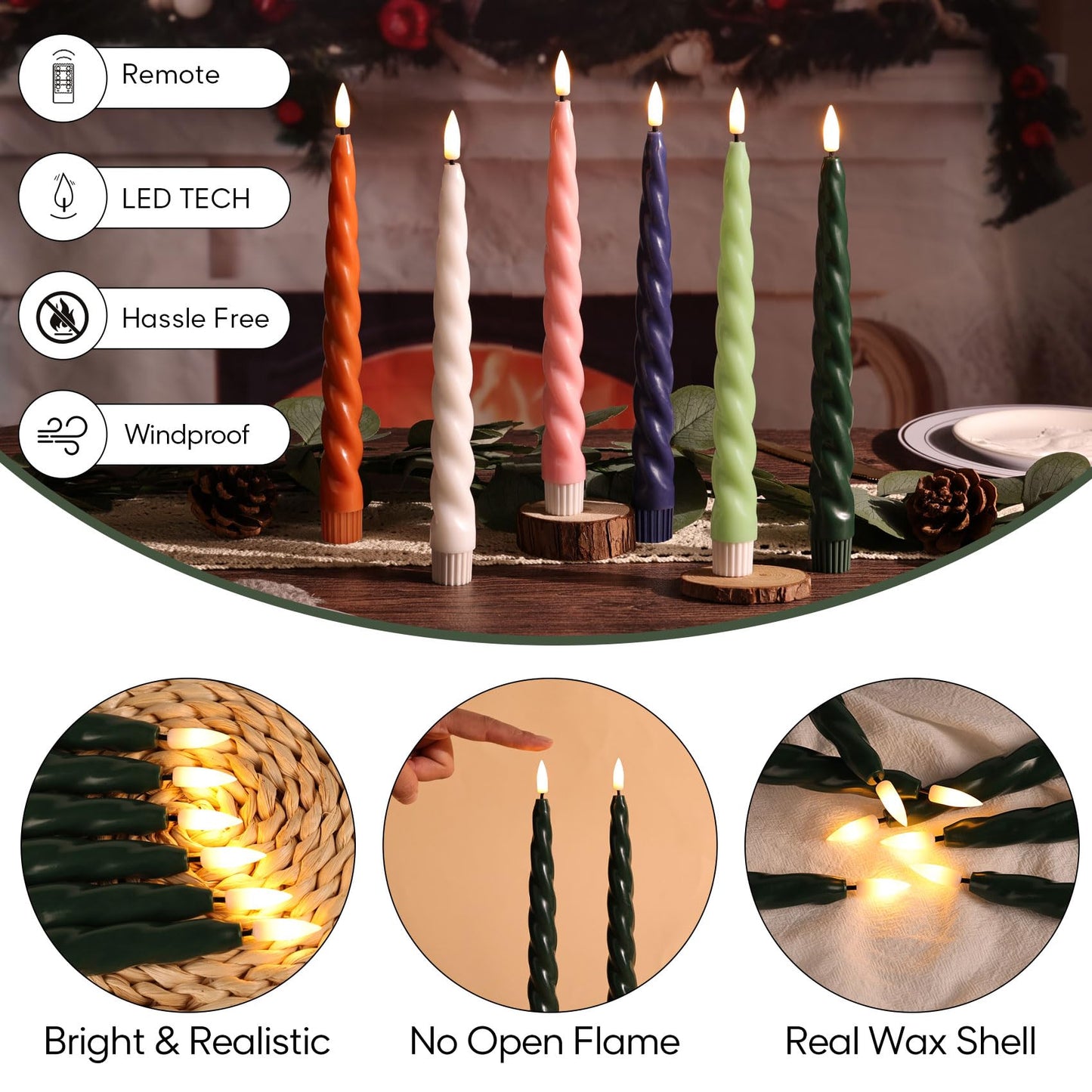 Girimax Dark Green Spiral Flameless Taper Candles with Remote, Flickering LED Wax Candlesticks Battery Operated Home Wedding Decor Set of 6