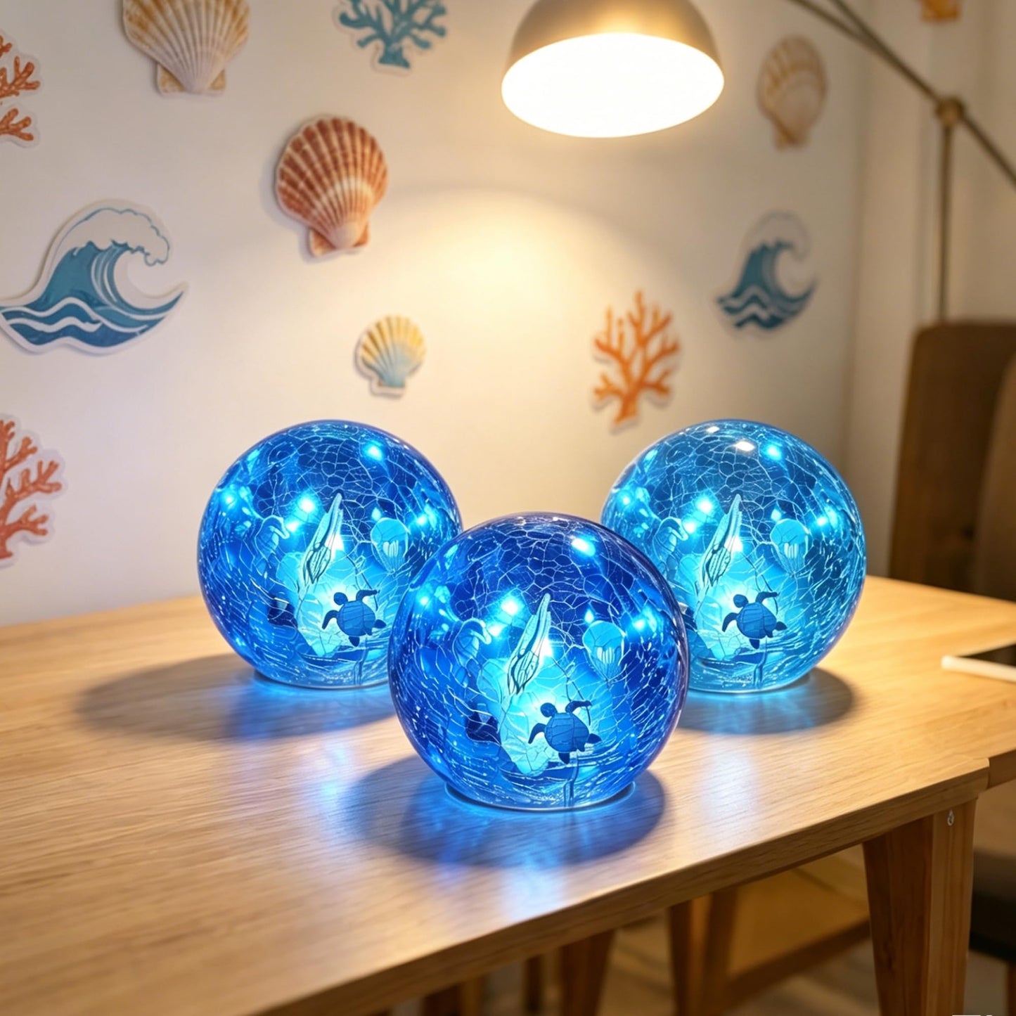 3PCS Summer Decorative Lights, 3.93 Inch Summer Desktop Decoration LED Night Light, Christmas Gift, Birthday Gift, Cracked Glass Ball Light with Timer, Desktop Decoration (Turtle)
