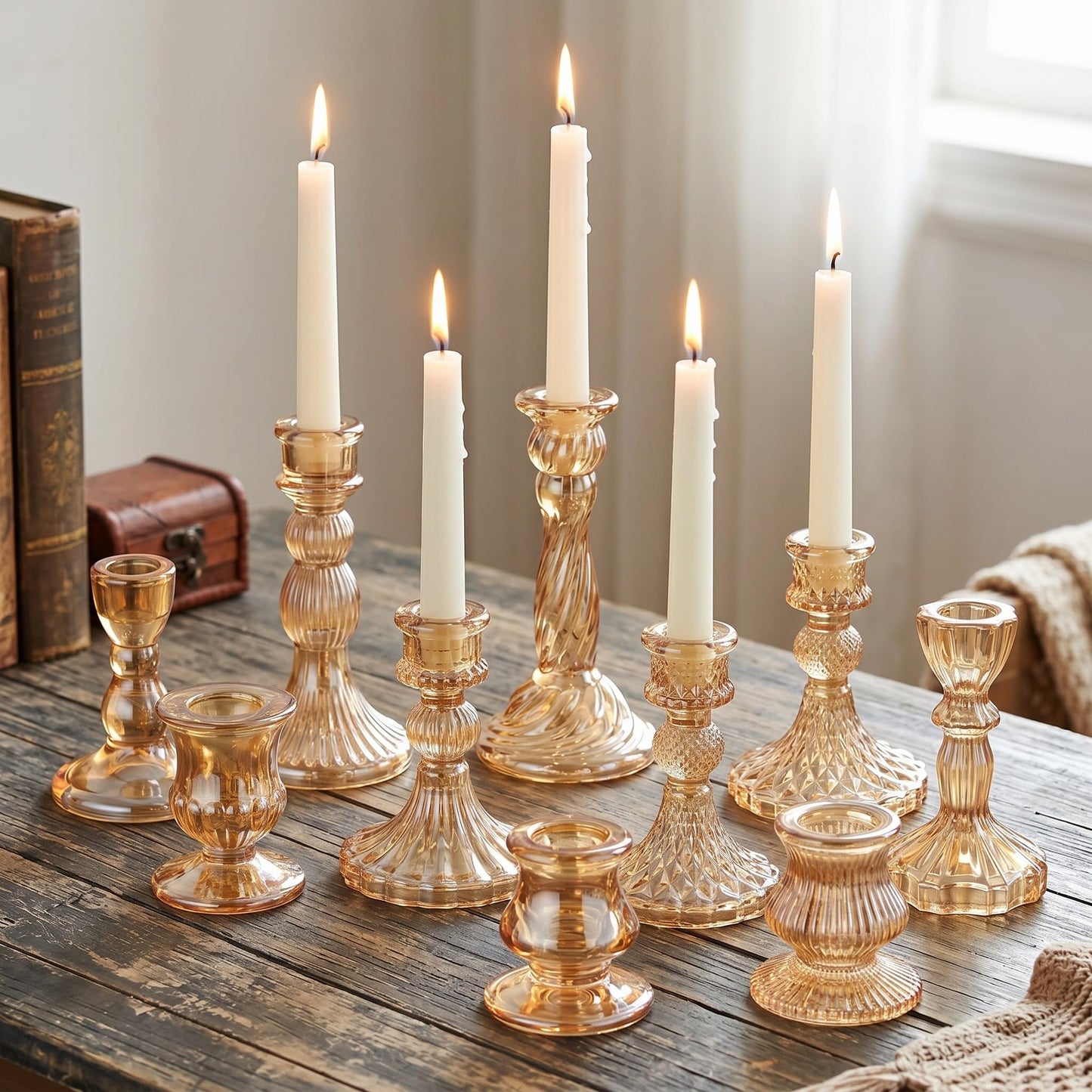Mumufy 10 Pcs Glass Crystal Taper Candle Holders Clear Glass Candlestick Holder Fit 0.8 Inch Candles Crystal Decorative Candle Stand Centerpiece Table Wedding Dining Party (Classic,Gold)