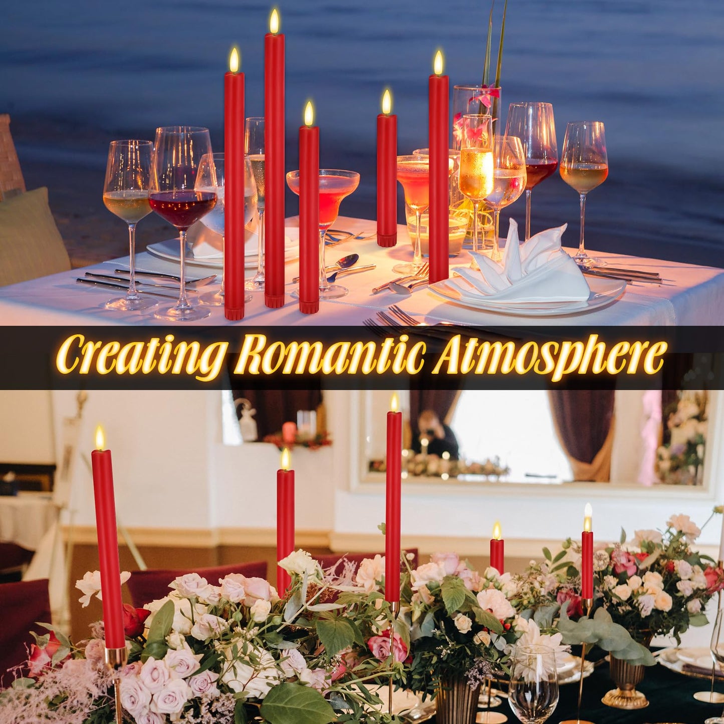 Rossesay 20 Pcs Flameless LED Taper Candles Battery Operated Taper Candles 5 Sizes of 6.5'', 7.7'', 8.8'', 10.0'', 11.2'' Flameless Candlesticks Flickering with 3D Flame for Wedding (Red)