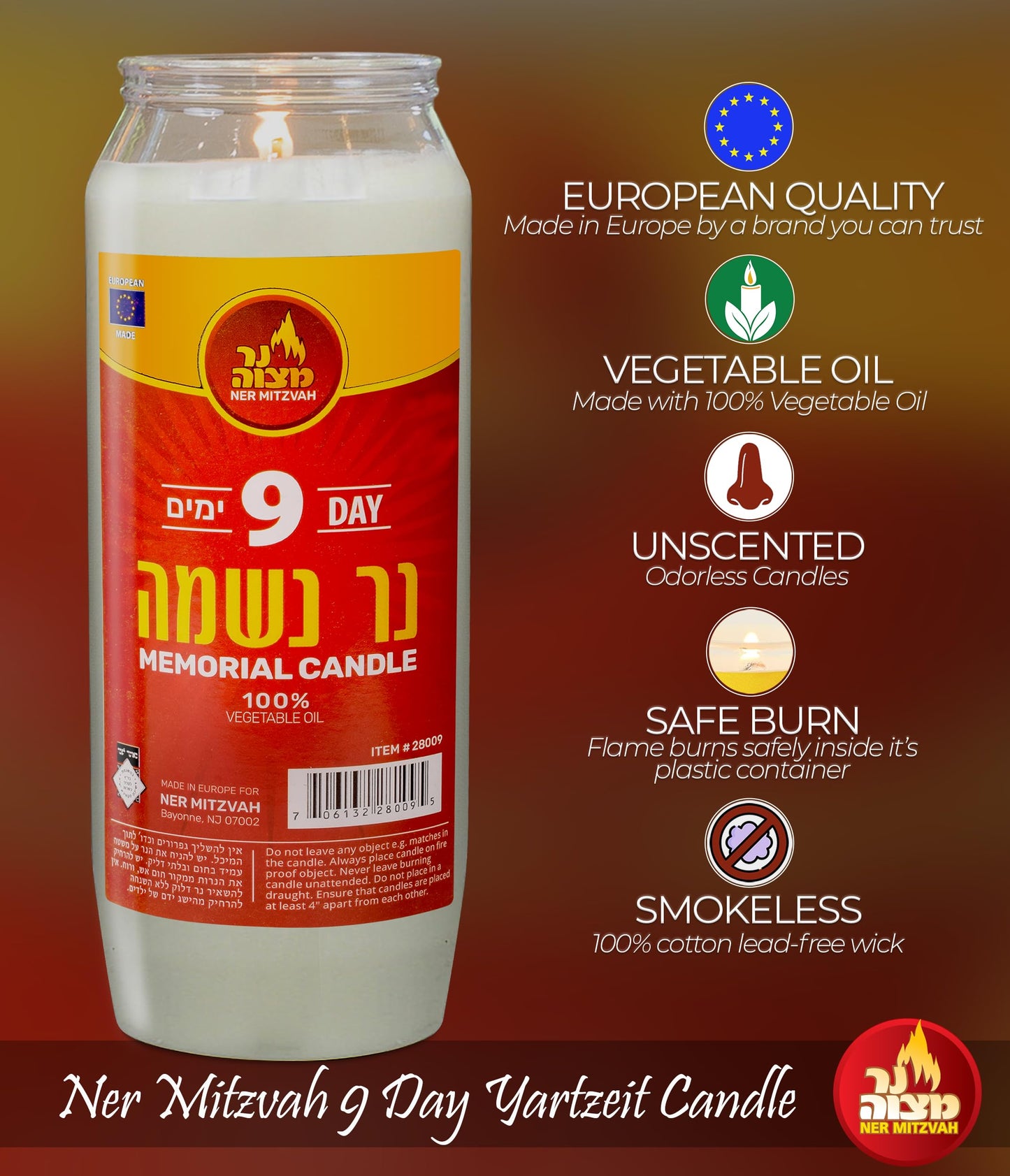 Ner Mitzvah 9 Day Yahrtzeit Candle - Kosher Memorial and Yom Kippur Candle in Plastic Holder