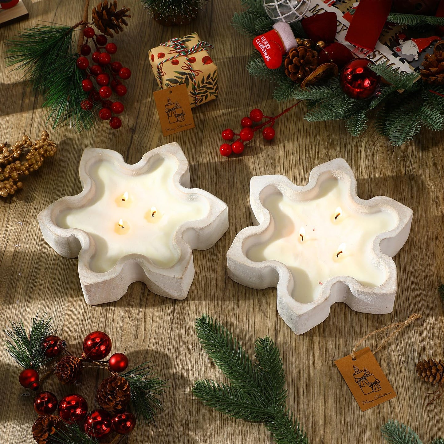 MTLEE 2 Pack Christmas Wood Dough Bowl Candle Snowflake Wooden Candle Bowl 3 Wick Xmas Farmhouse Decoration with Berries Pine Label for Christmas Table Centerpiece Birthday Gift Home Party Decor