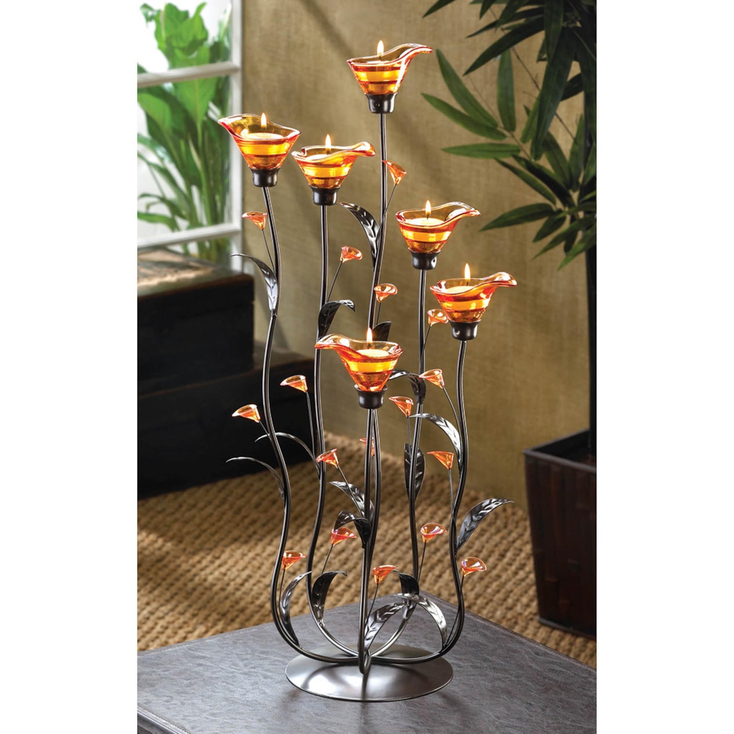 Zingz & Thingz Beauty in The Petals Collection Floral Tealight Candle Holder, 10x10x24.25, Amber Calla Lily