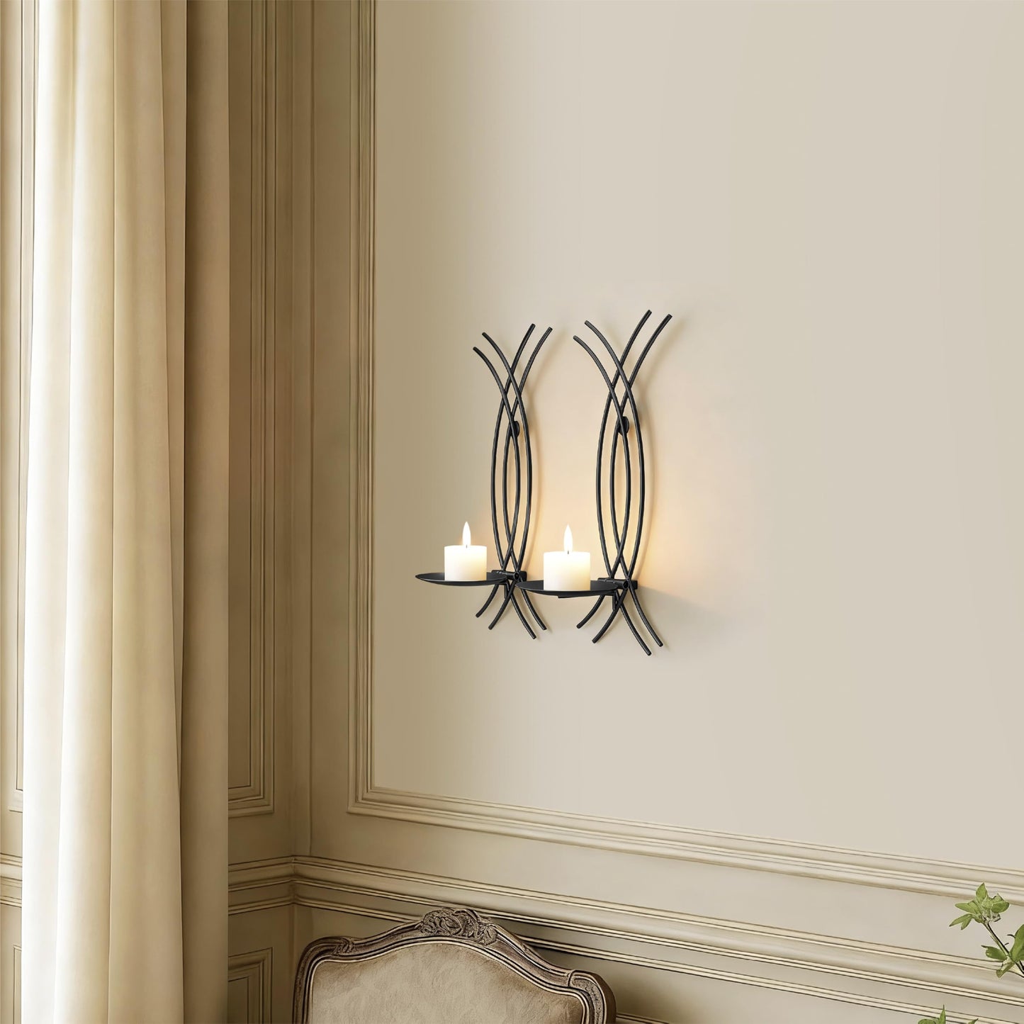 SEICASAYA Wall Sconce Candle Holder Set of 2, Modern Forged Metal Iron Decorative Wall Art for Living Room (Black)