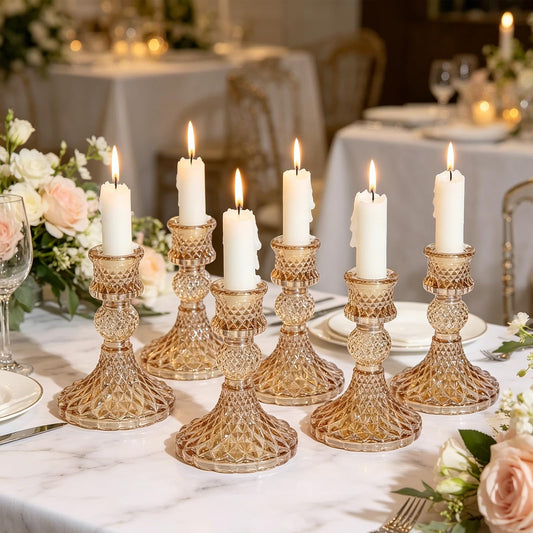 6 Pack Glass Taper Candlestick Holders, Gold Candlestick Holders, 4" H Crystal Candle Holders Decorative Candle Stand Centerpiece for Wedding, Festival, Dinning Party Table Decor