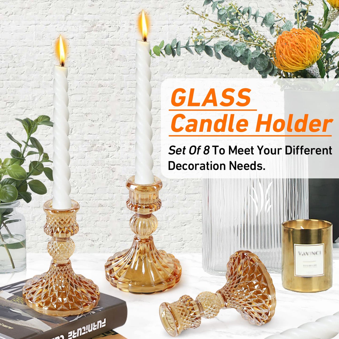 Brown Glass Candlestick Holders,8 pcs Set include Taper Candle Holders and Stripe Candle Holders,Two Style for Formal Events, Wedding, Festival,Church, Party & Festival Decoration