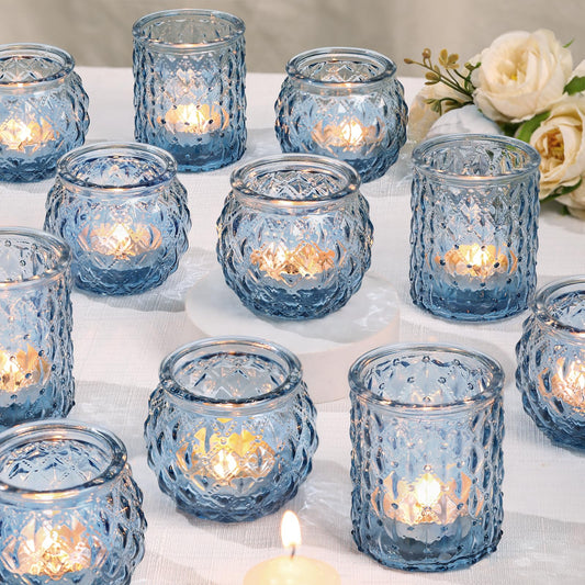DARJEN Blue Votive Candle Holders Set of 24- Round Candle Holders Bulk, Glass Candle Holder for Vintage Decoration, Tea Lights Candle Holders for Wedding Shower, Party & Gift