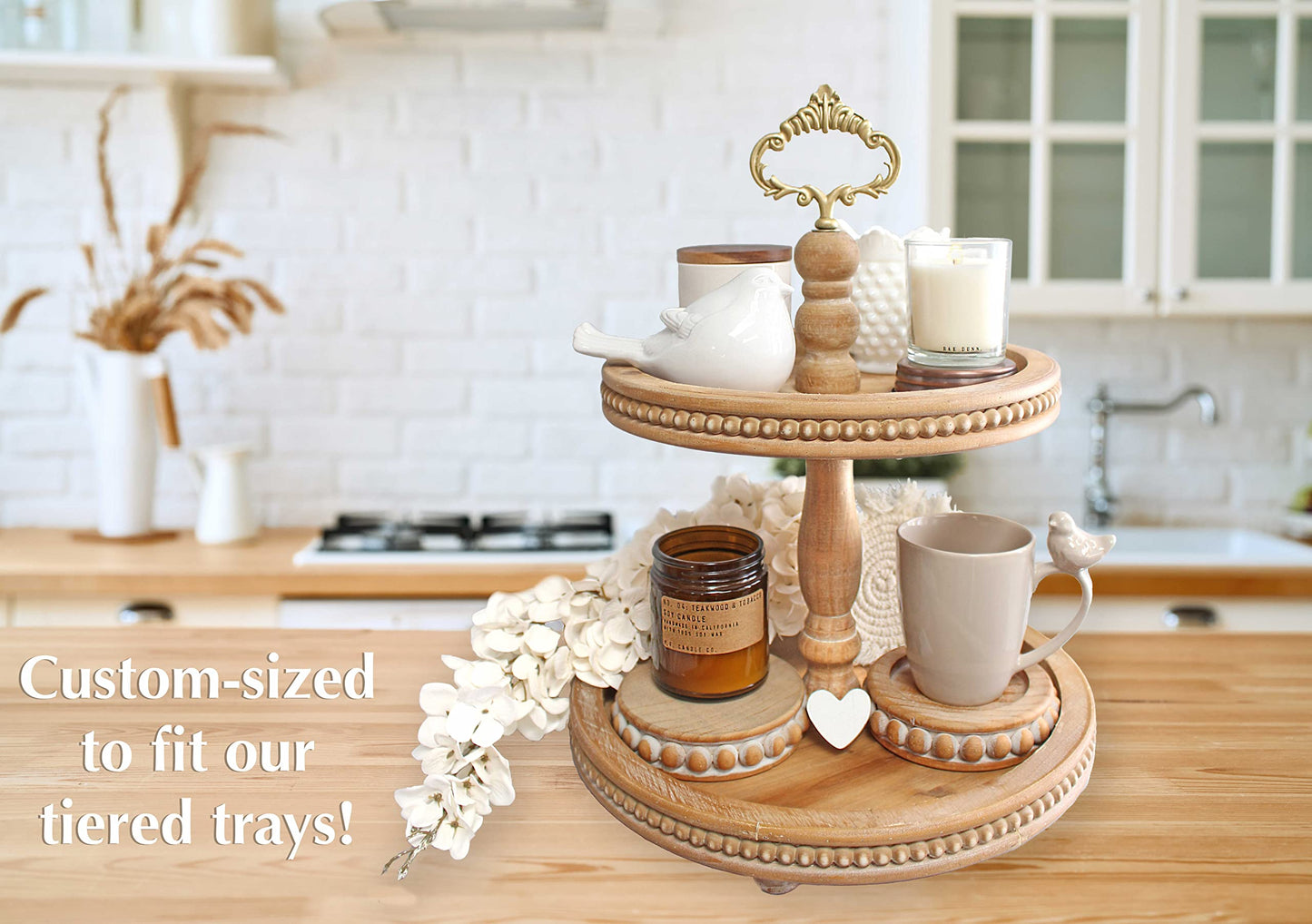 Candle Pedestal [Set of 2] Round Rustic Wood Beaded Risers - Sturdy 2-Sided Stackable Decor Pedestal Stands for Tiered Tray, Candle, Mug Display, Risers Display Stands (Rustic Brown, 5 inch)