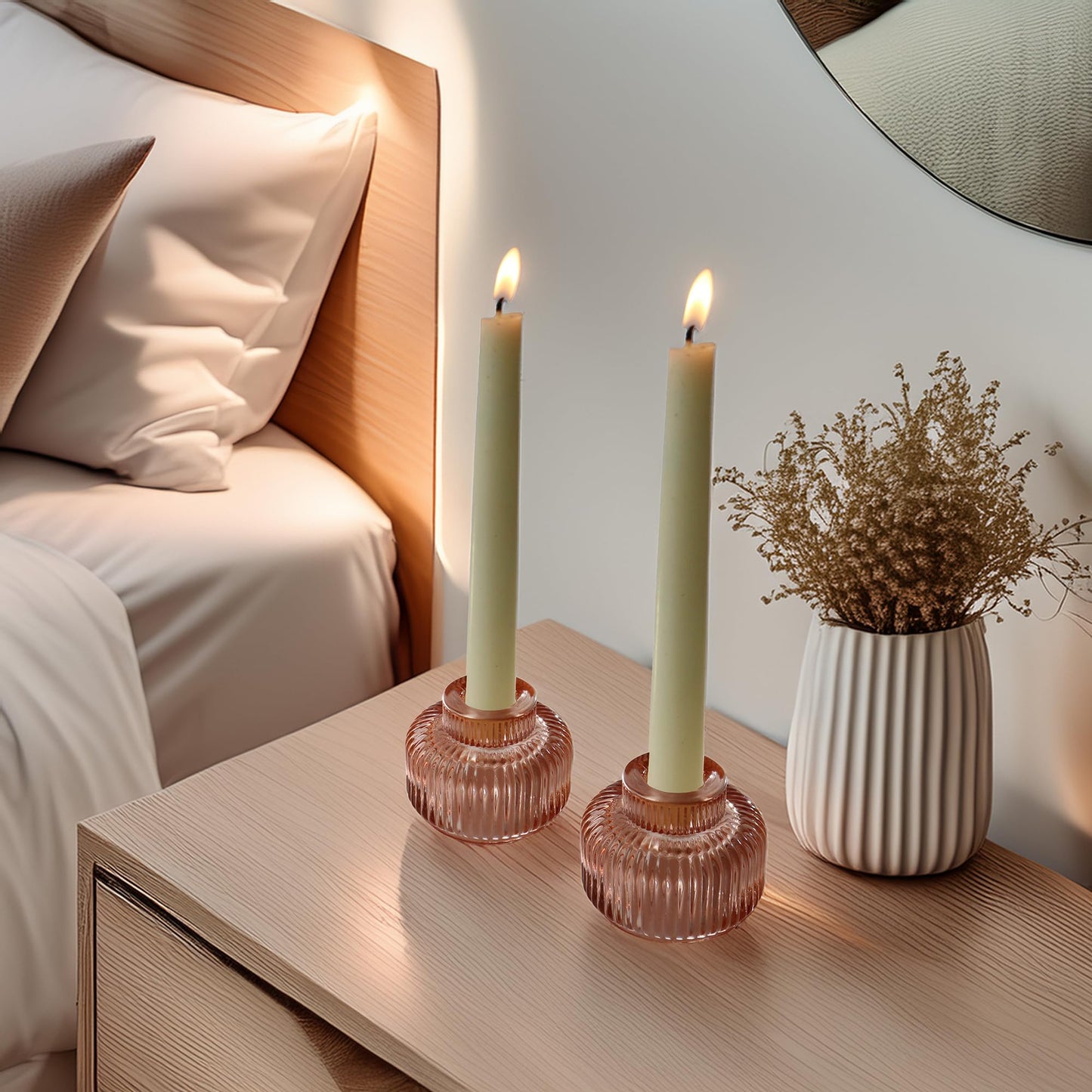Kate Aspen Rose Gold Taper Candle Holders for Candlesticks Set of 4, Ribbed Glass Candlestick Holders, Votive Candle Holder Decor Accents, Pink Room Styling, Wedding & Home Centerpieces, Table Decor
