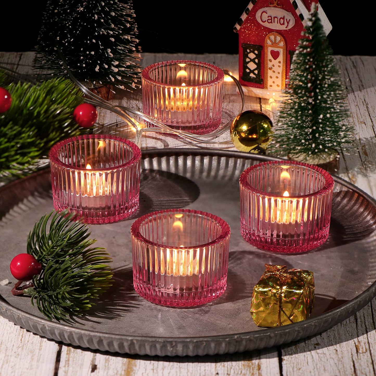 Lanttu Pink Tealight Candle Holder Set of 12, Small Votive Candle Holders for Table Centerpiece,Glass Tea Light Candles Holder for Party&Home,Wedding Decor(2''Dia*1.4''H)