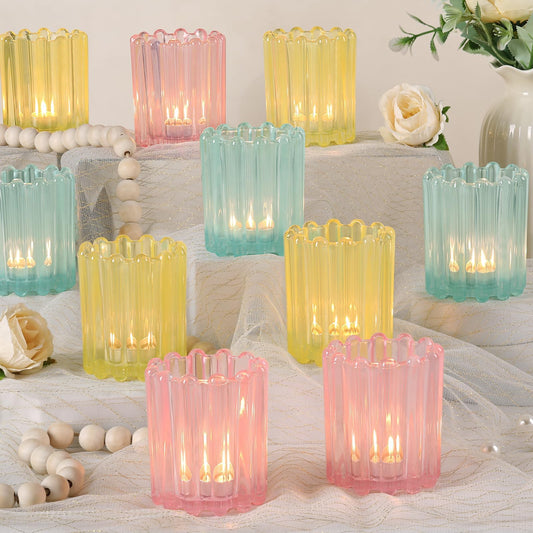 HAVITI Glass Pink Votive Candle Holder, Blue Baby Shower Ribbed Frosted Votive Candle Holders Set of 12, Mixed Color Tealight Candle Holder for Wedding Centerpieces Dinner Party Table Decor